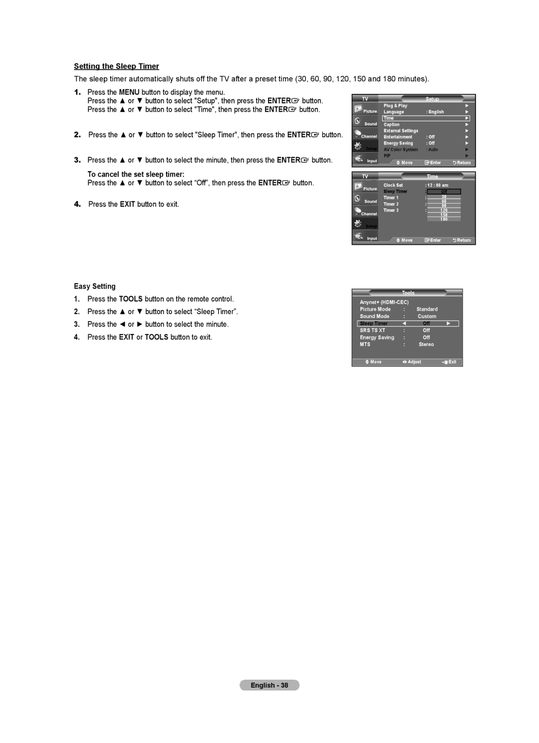 Samsung 610 user manual Setting the Sleep Timer, To cancel the set sleep timer 