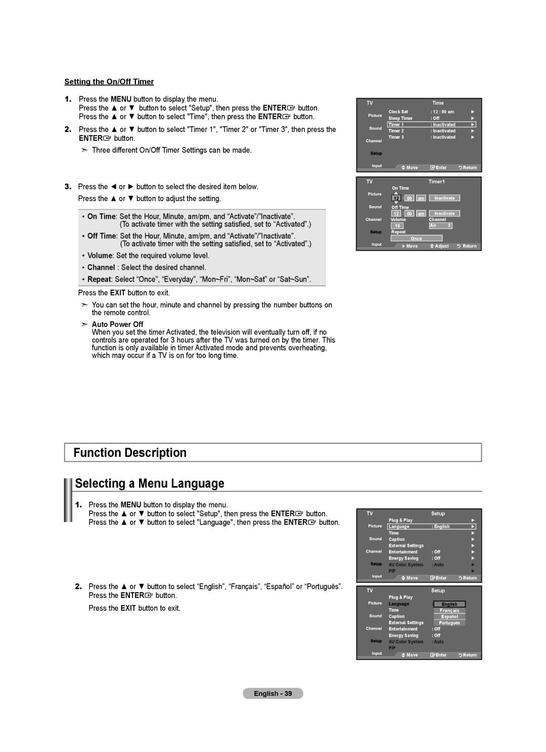 Samsung 610 Function Description Selecting a Menu Language, Setting the On/Off Timer, Auto Power Off, TVTimer1, TVSetup 