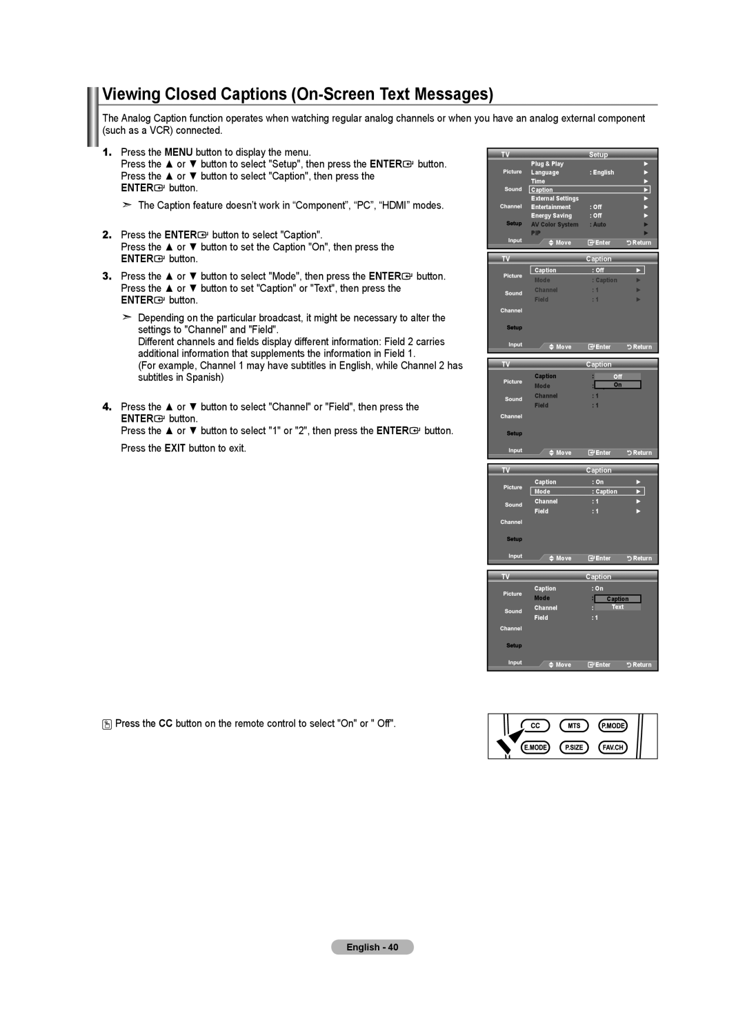 Samsung 610 user manual Viewing Closed Captions On-Screen Text Messages 