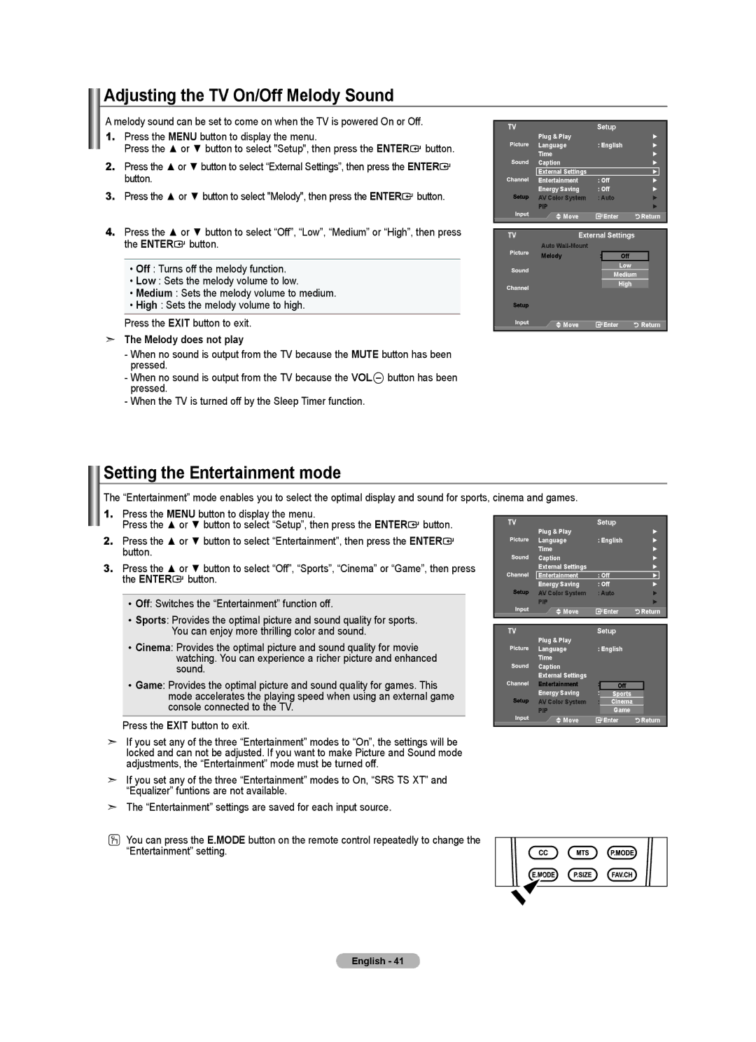 Samsung 610 user manual Adjusting the TV On/Off Melody Sound, Setting the Entertainment mode, Melody does not play 