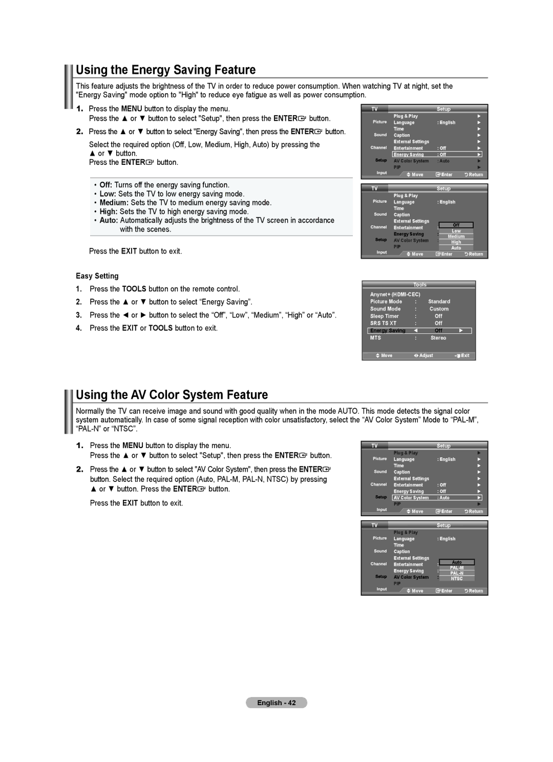 Samsung 610 user manual Using the Energy Saving Feature, Using the AV Color System Feature 