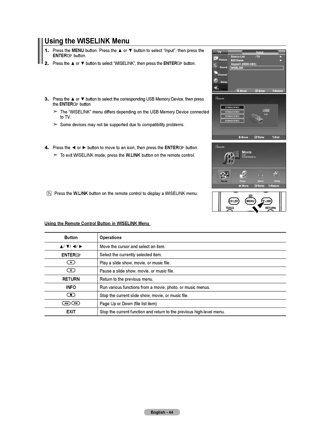 Samsung 610 user manual Using the Wiselink Menu, Using the Remote Control Button in Wiselink Menu Operations 