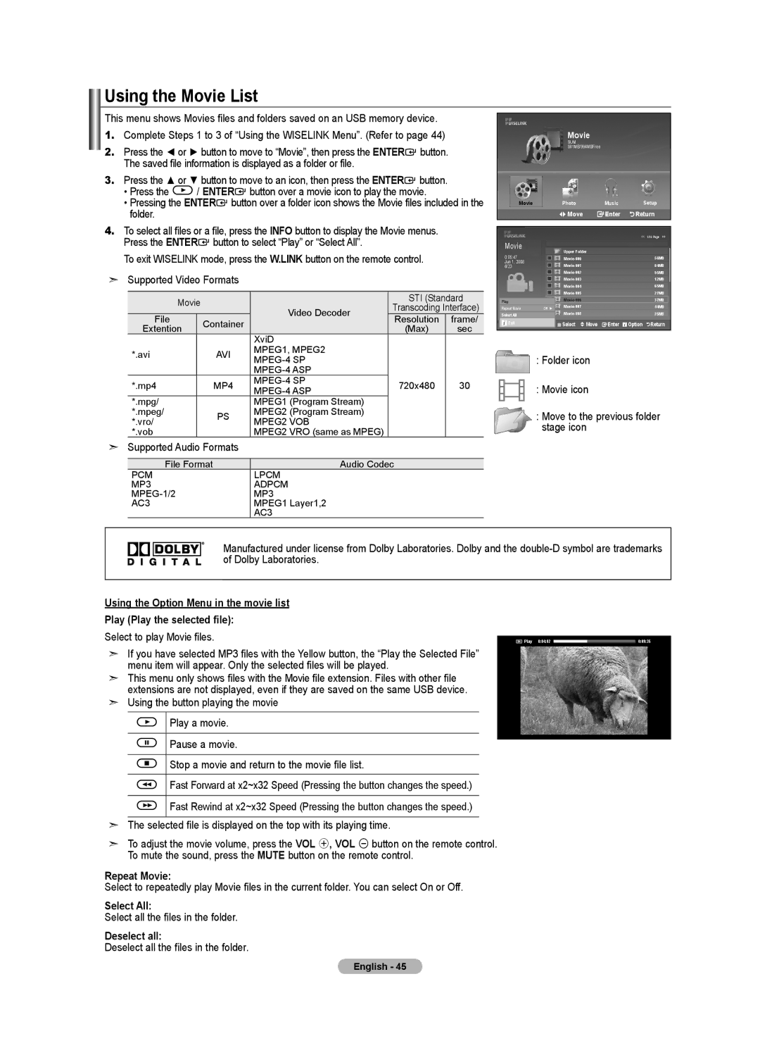 Samsung 610 user manual Using the Movie List, Repeat Movie, Select All, Deselect all 