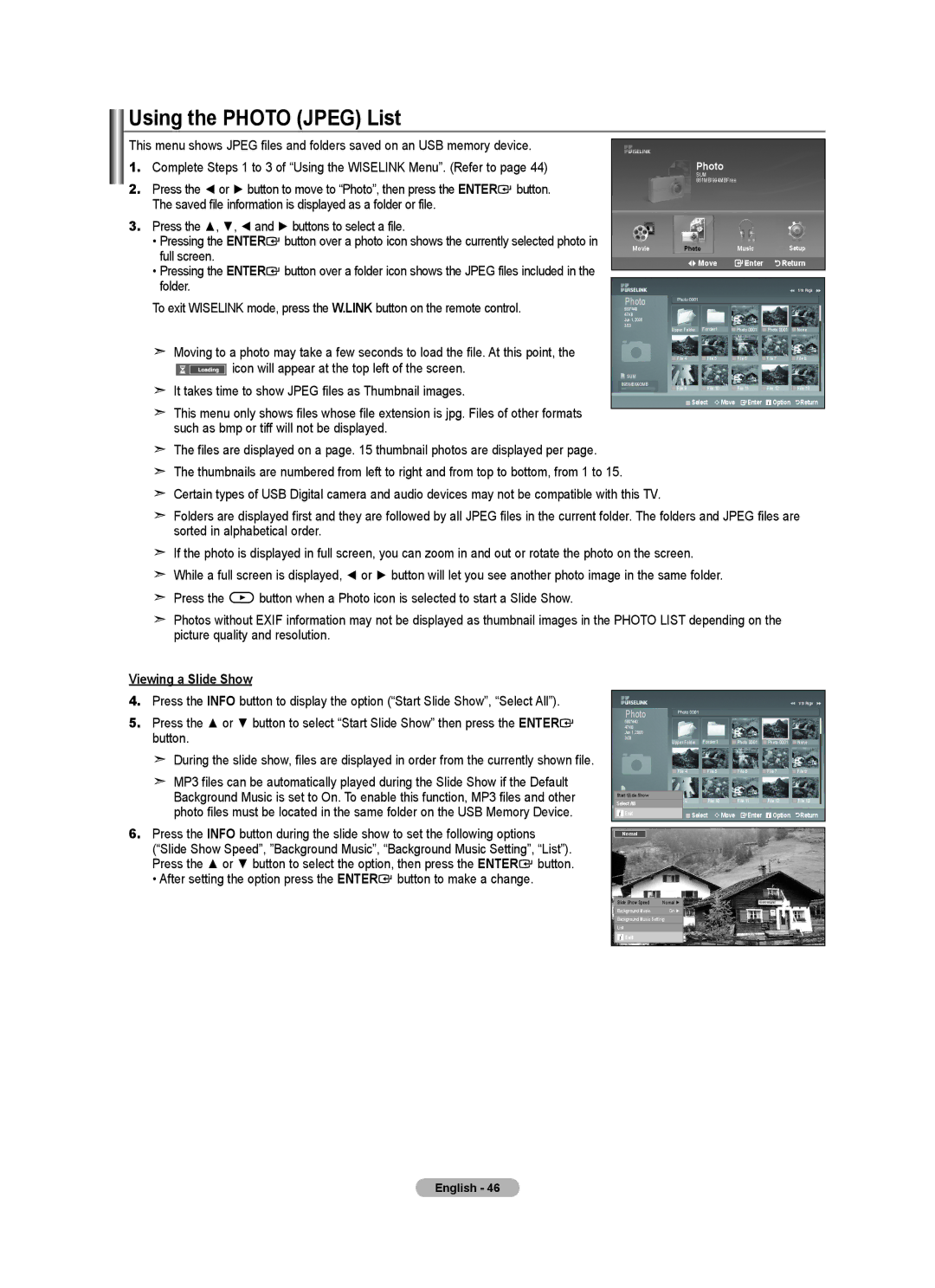 Samsung 610 user manual Using the Photo Jpeg List, Viewing a Slide Show 