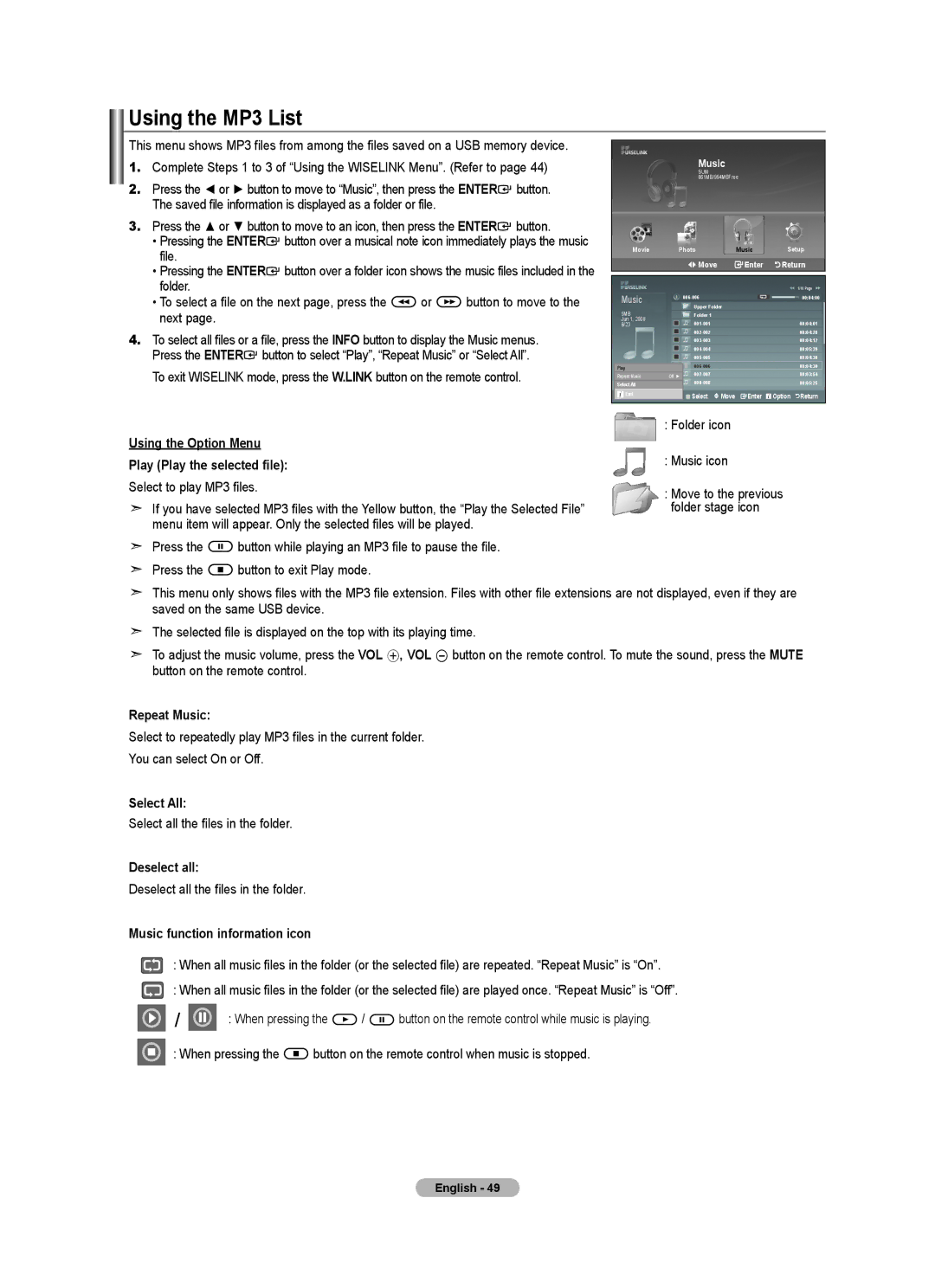 Samsung 610 Using the MP3 List, Using the Option Menu Play Play the selected file, Select to play MP3 files, Repeat Music 