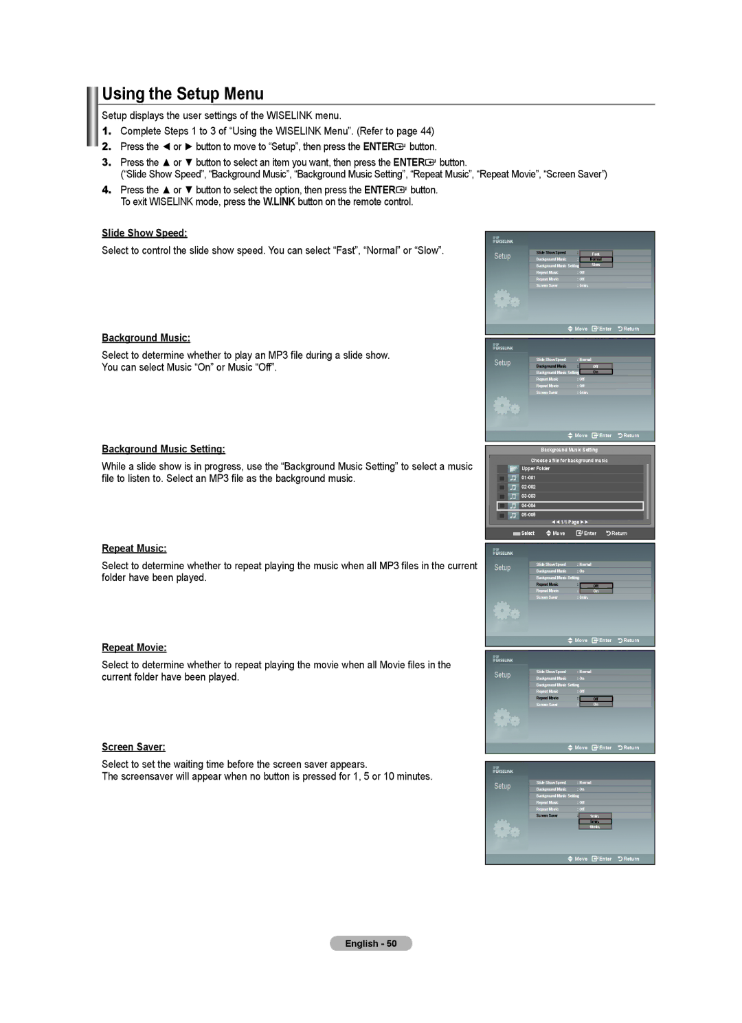 Samsung 610 user manual Using the Setup Menu, Screen Saver 