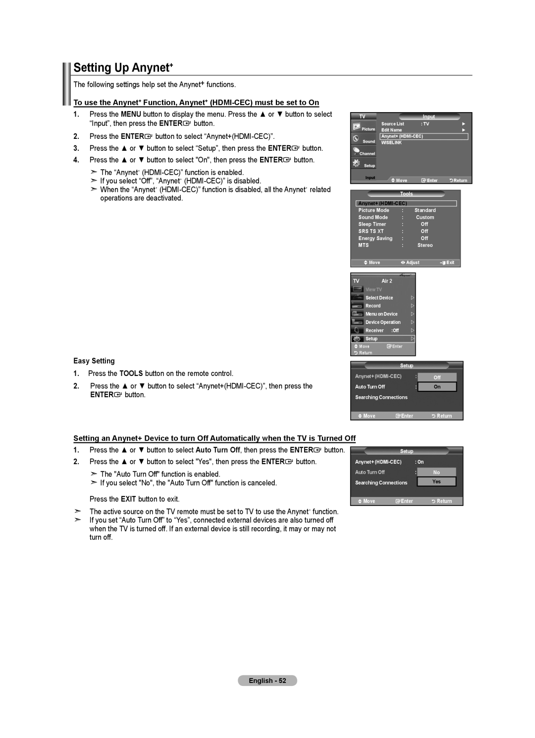 Samsung 610 user manual Setting Up Anynet+, Following settings help set the Anynet+ functions, Move Enter Return 