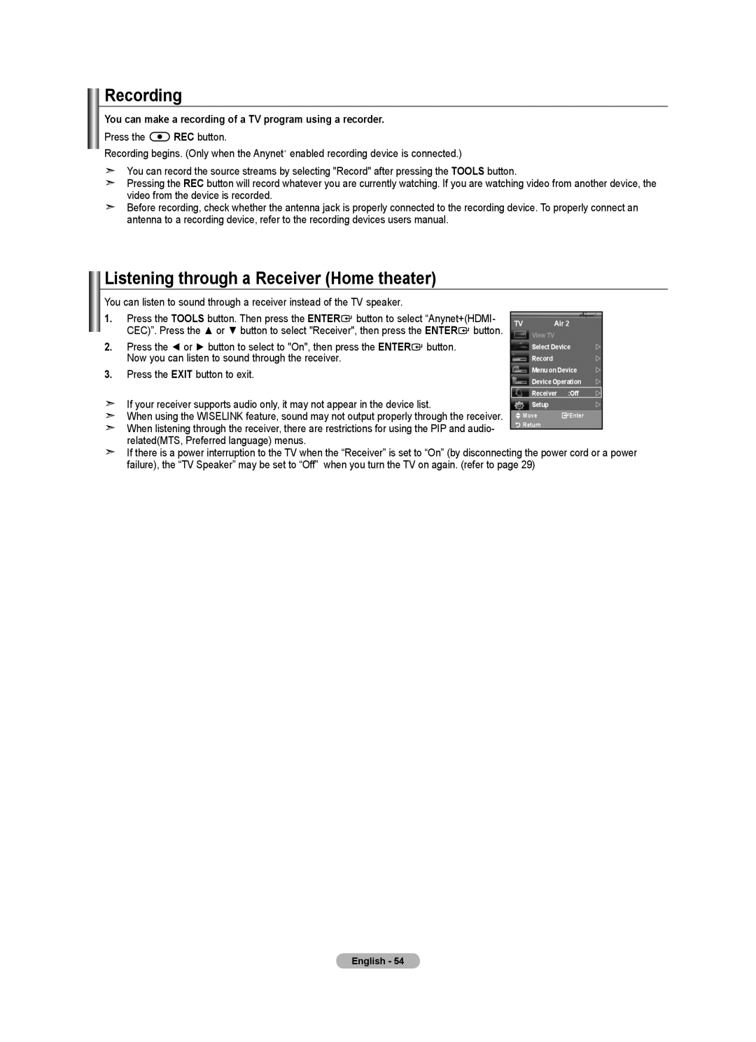 Samsung 610 user manual Recording, Listening through a Receiver Home theater 