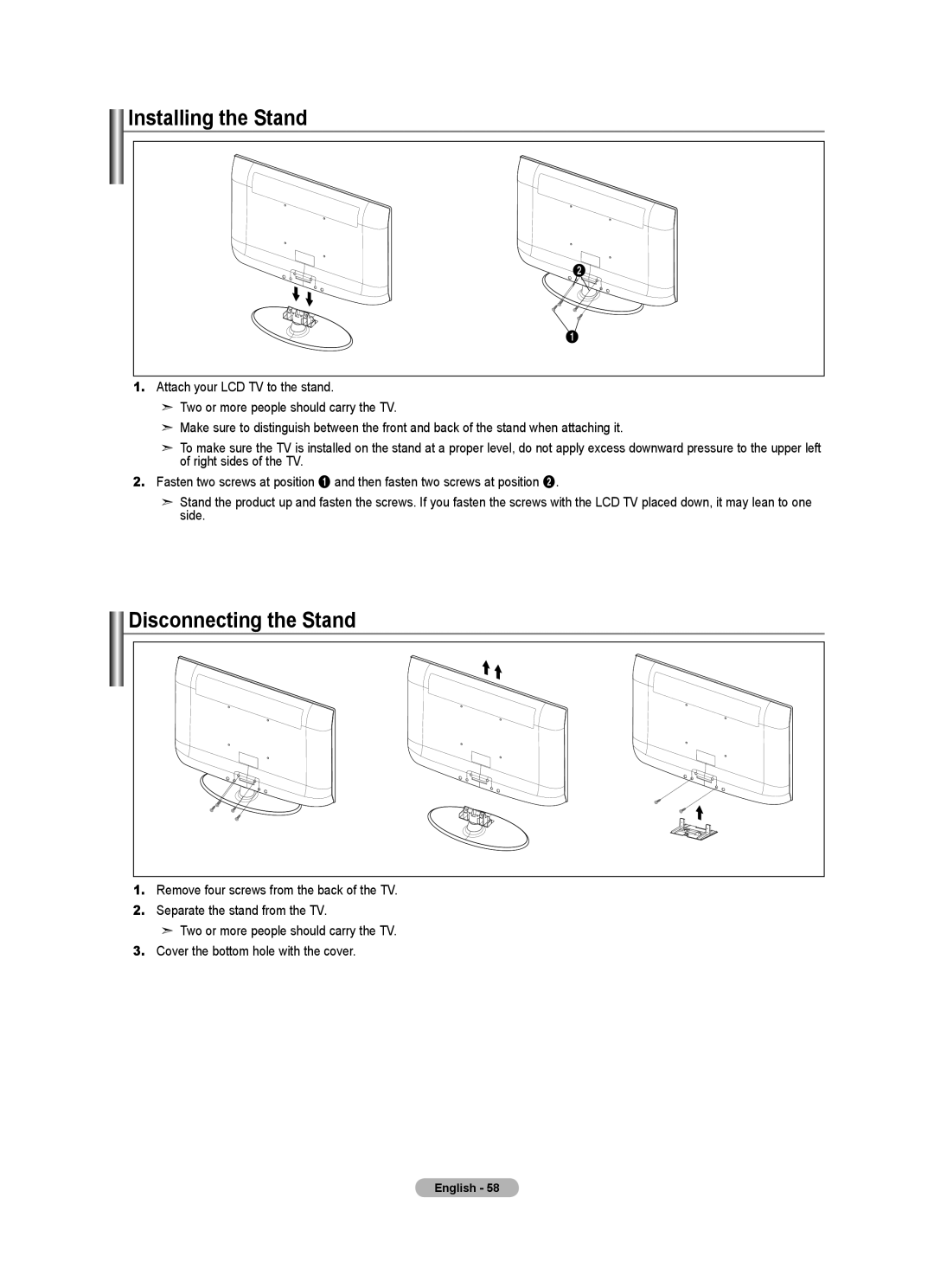 Samsung 610 user manual Installing the Stand, Disconnecting the Stand 