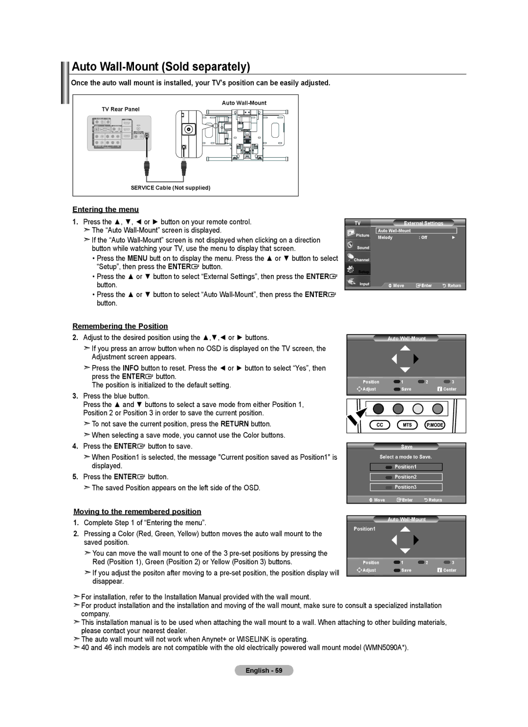 Samsung 610 user manual Auto Wall-Mount Sold separately, Entering the menu, Remembering the Position 