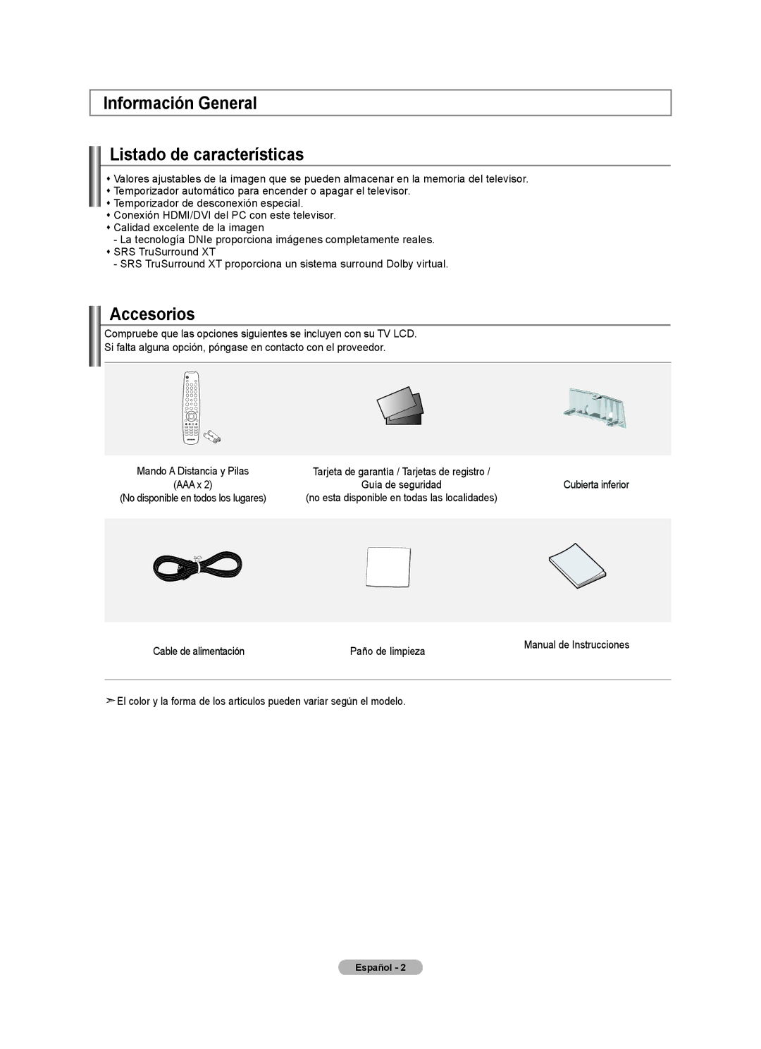 Samsung 610 user manual Información General Listado de características, Accesorios, Cable de alimentación Paño de limpieza 