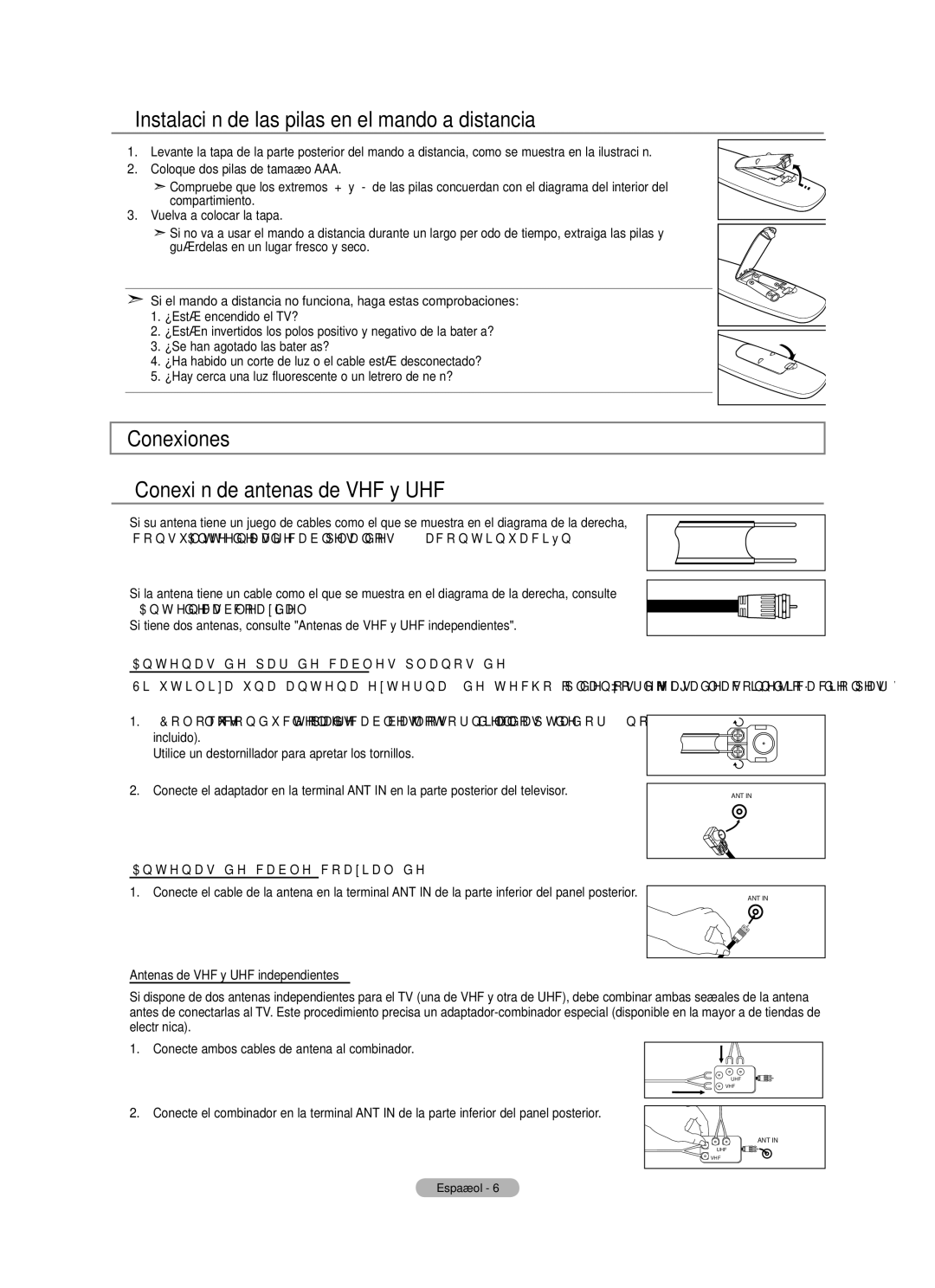 Samsung 610 user manual Instalación de las pilas en el mando a distancia, Conexiones Conexión de antenas de VHF y UHF 