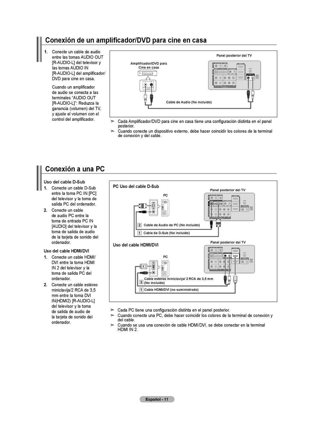 Samsung 610 user manual Conexión de un amplificador/DVD para cine en casa, Conexión a una PC, Uso del cable D-Sub 