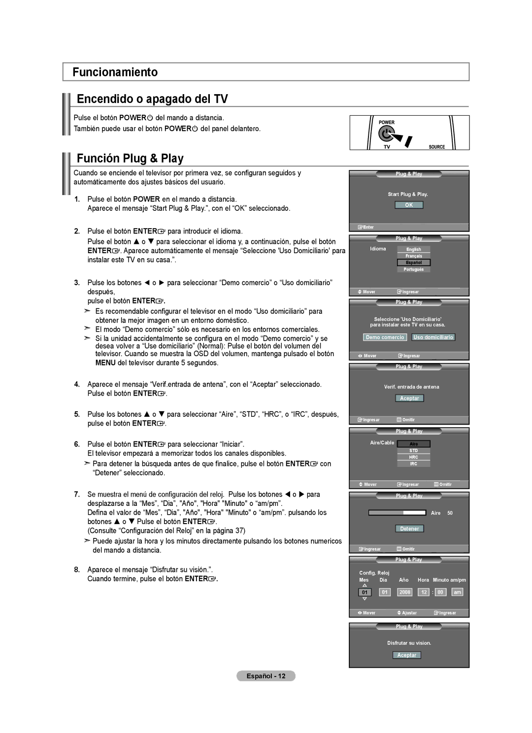 Samsung 610 user manual Funcionamiento Encendido o apagado del TV, Función Plug & Play 