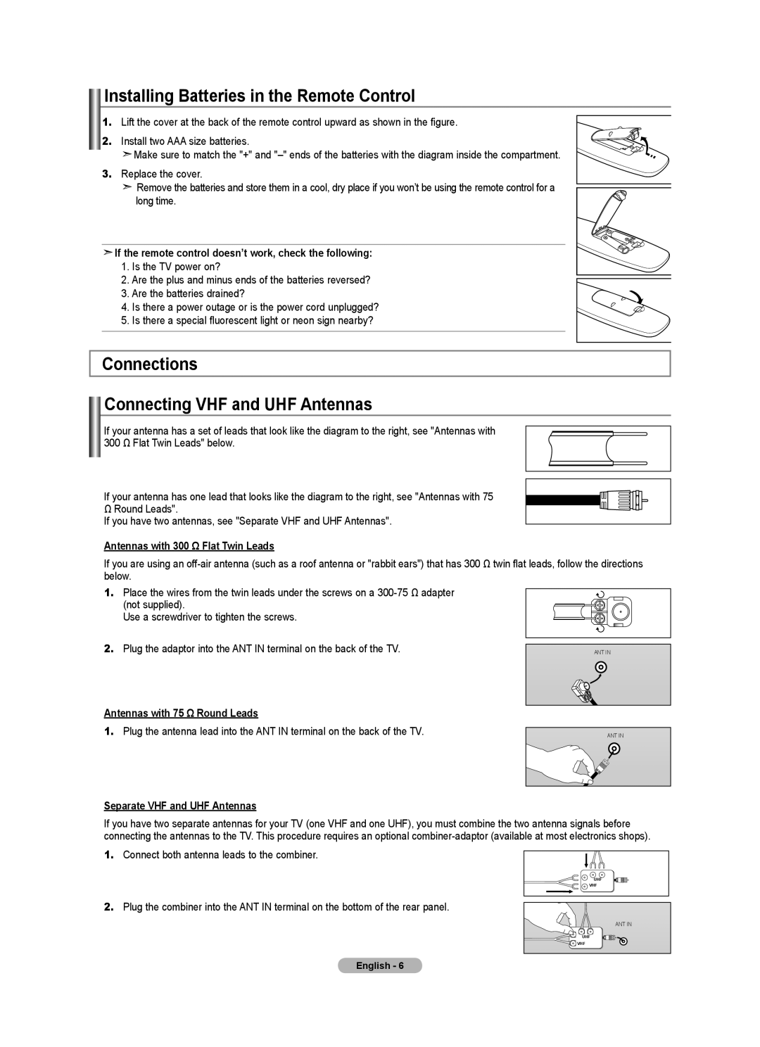 Samsung 610 user manual Installing Batteries in the Remote Control, Connections Connecting VHF and UHF Antennas 