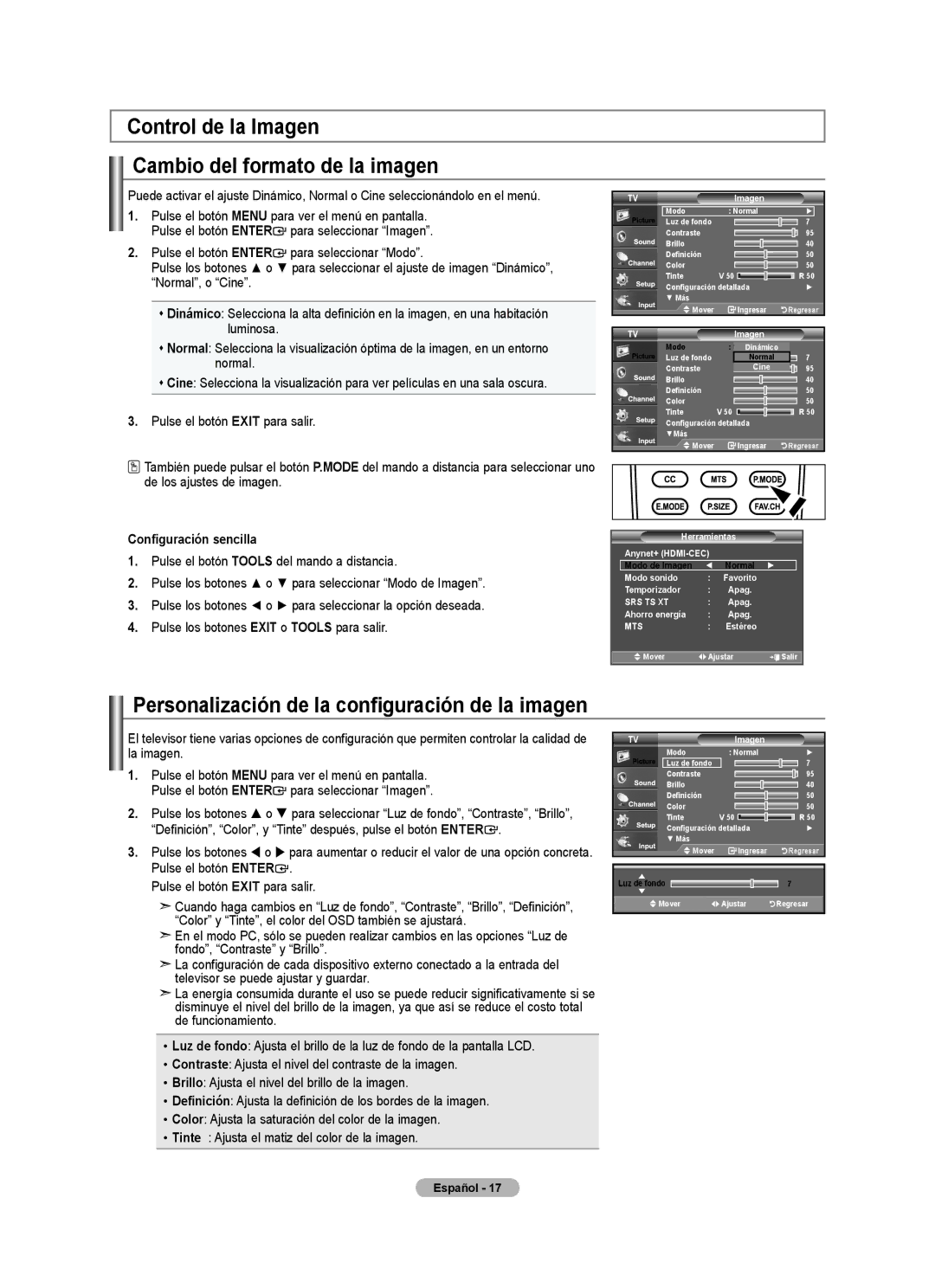 Samsung 610 Control de la Imagen Cambio del formato de la imagen, Personalización de la configuración de la imagen 