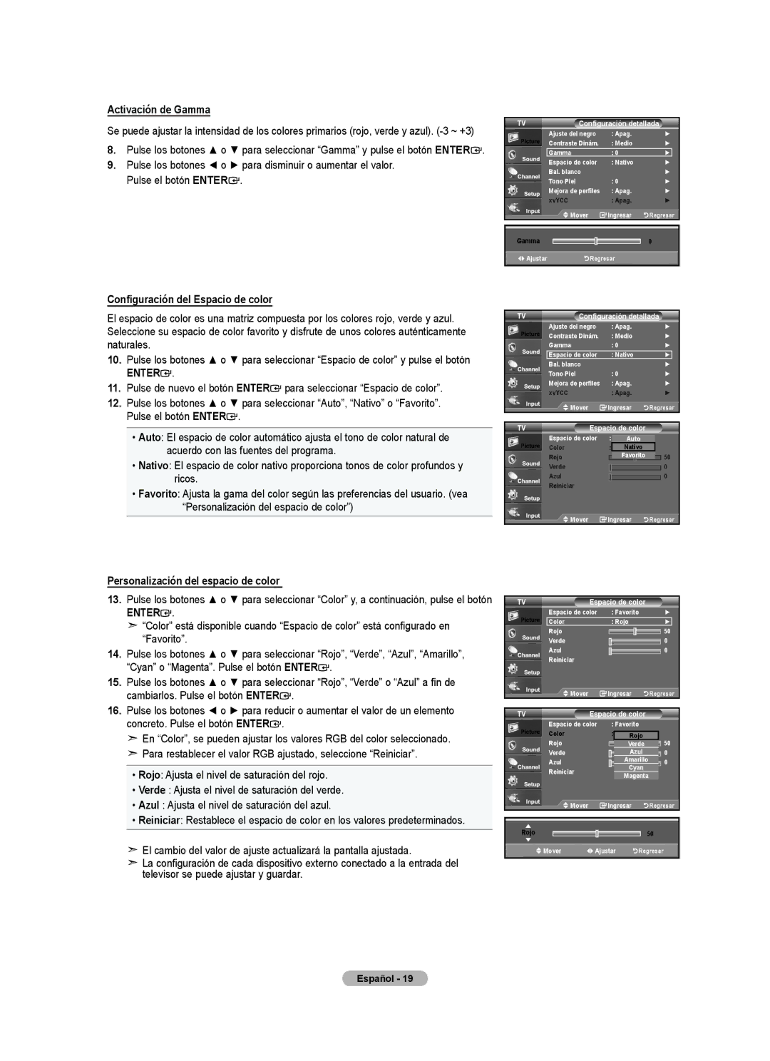 Samsung 610 user manual Activación de Gamma, Configuración del Espacio de color, Personalización del espacio de color 