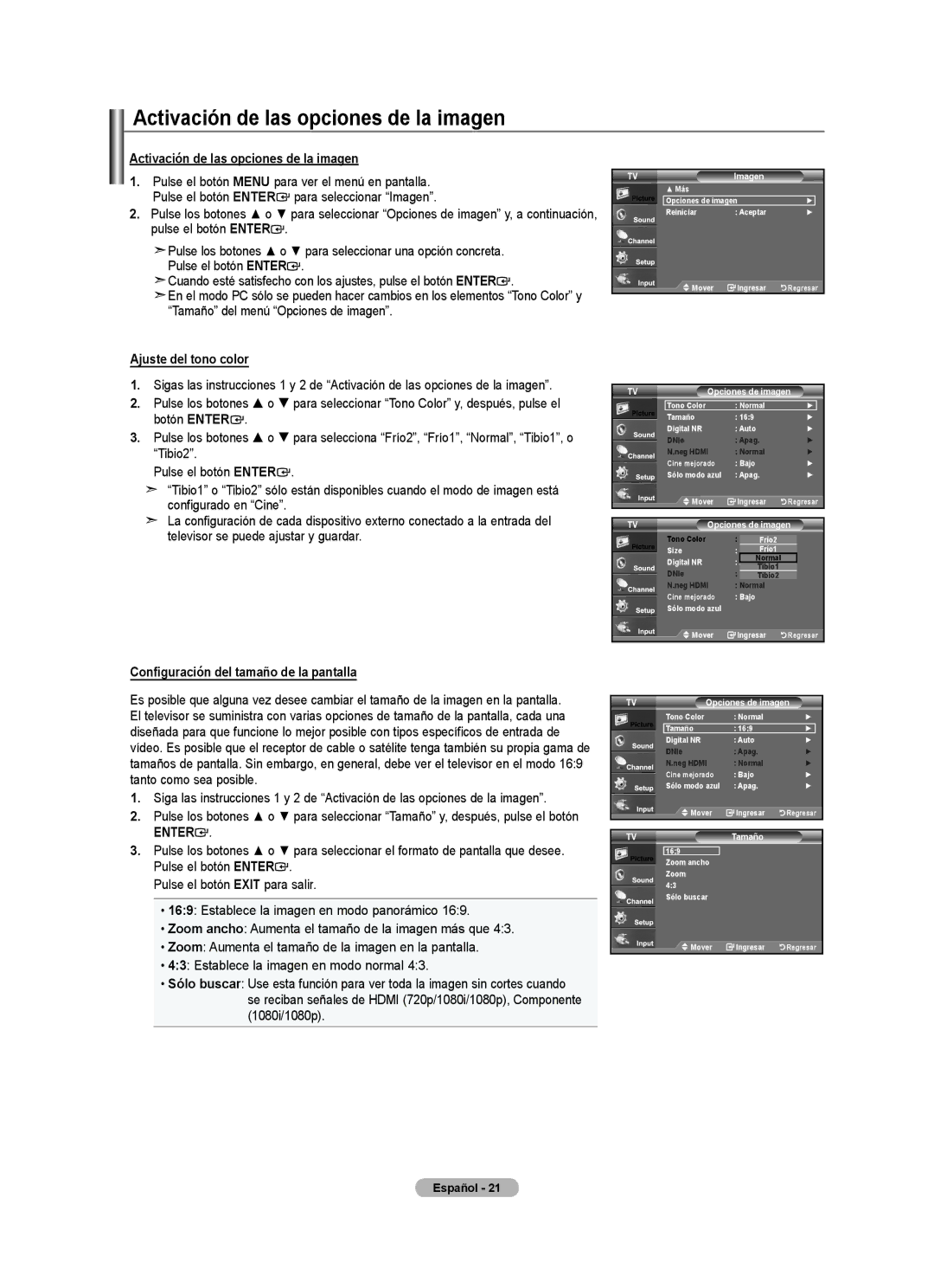 Samsung 610 Activación de las opciones de la imagen, Ajuste del tono color, Configuración del tamaño de la pantalla 