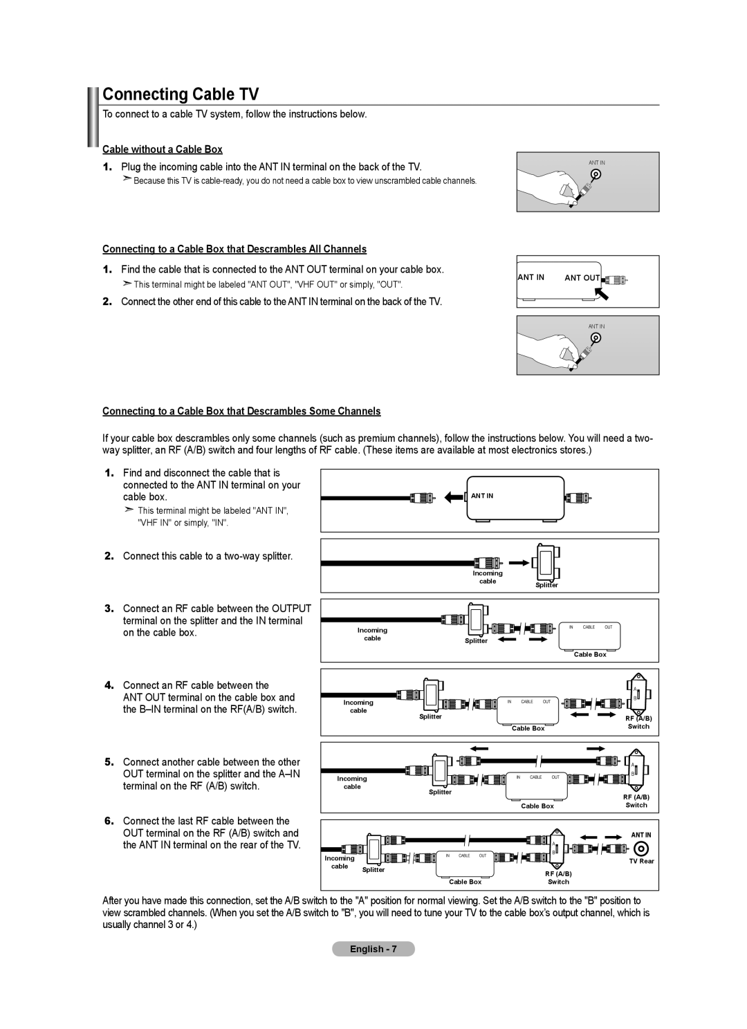 Samsung 610 Connecting Cable TV, Cable without a Cable Box, Connecting to a Cable Box that Descrambles All Channels 