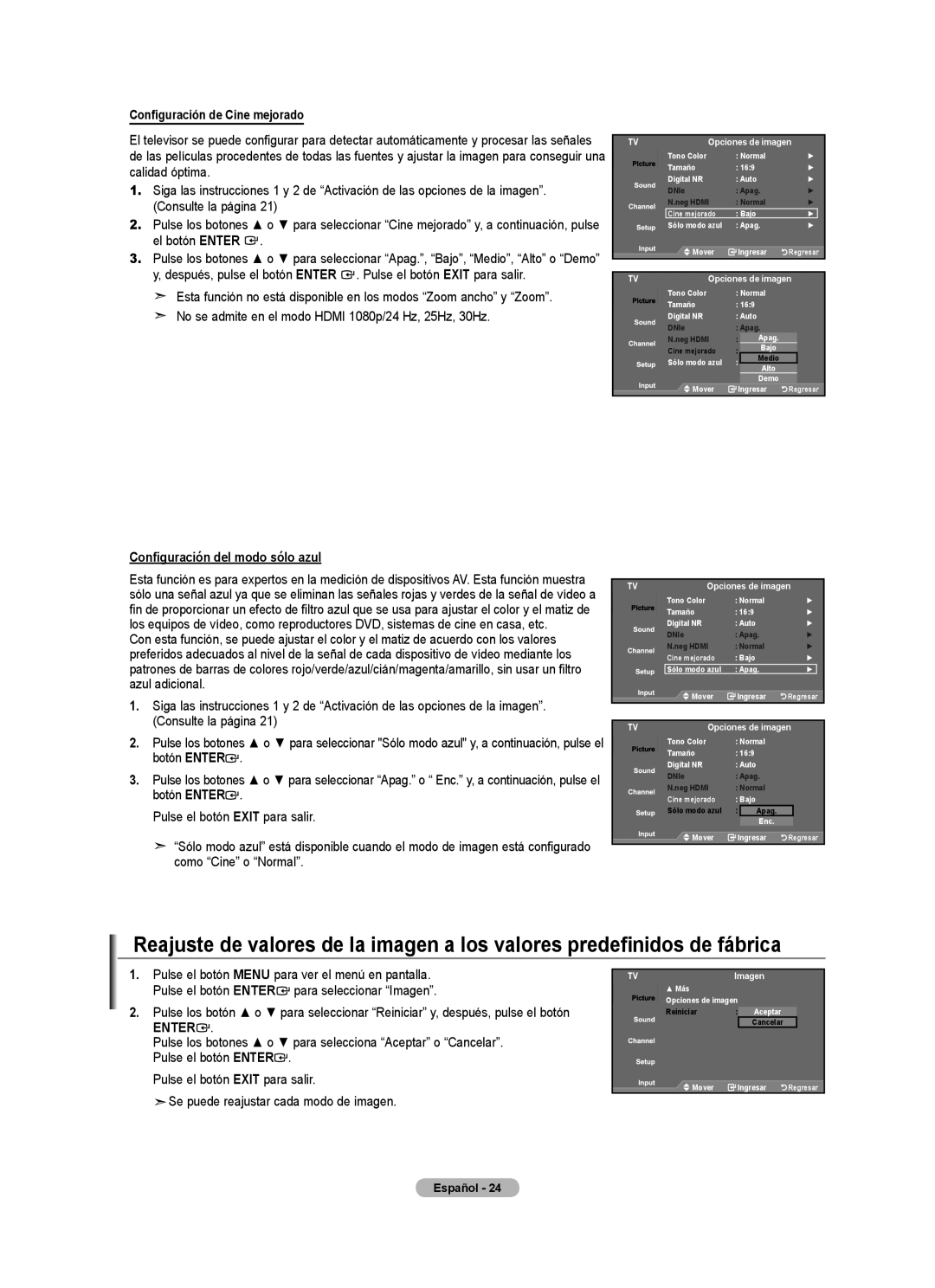 Samsung 610 user manual Configuración de Cine mejorado, Configuración del modo sólo azul 