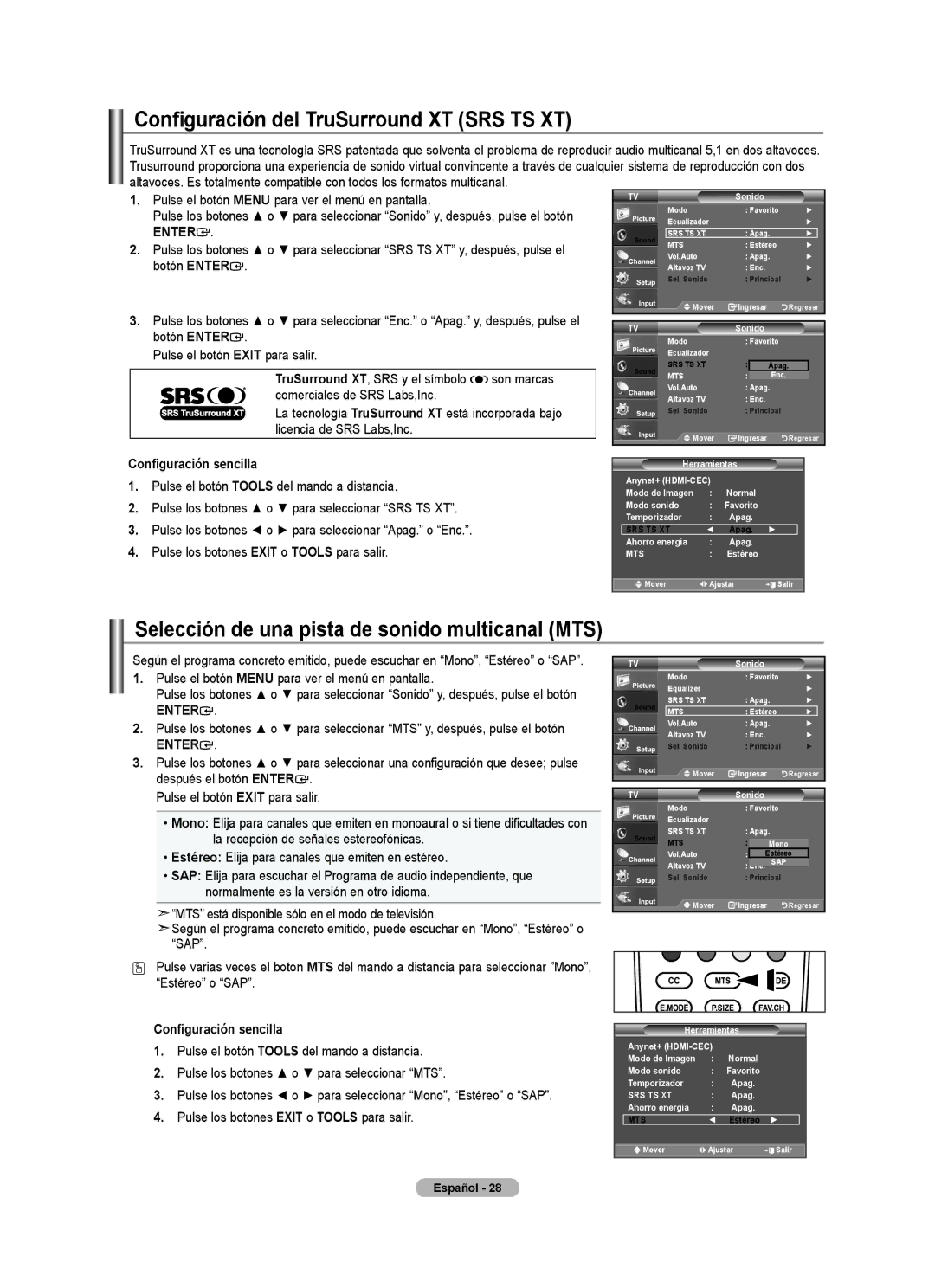 Samsung 610 Configuración del TruSurround XT SRS TS XT, Selección de una pista de sonido multicanal MTS, Estéreo 