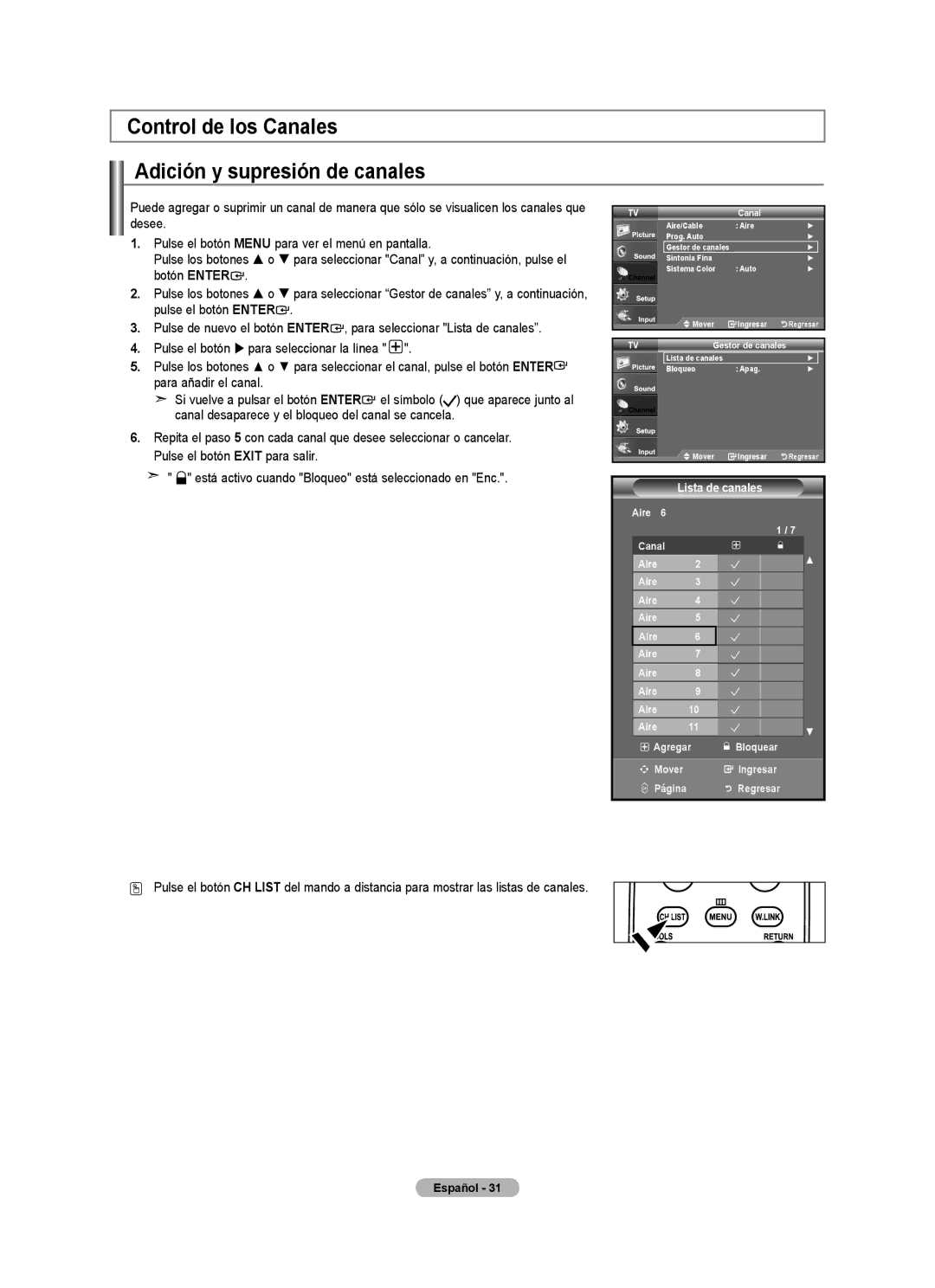 Samsung 610 Control de los Canales Adición y supresión de canales, Está activo cuando Bloqueo está seleccionado en Enc 