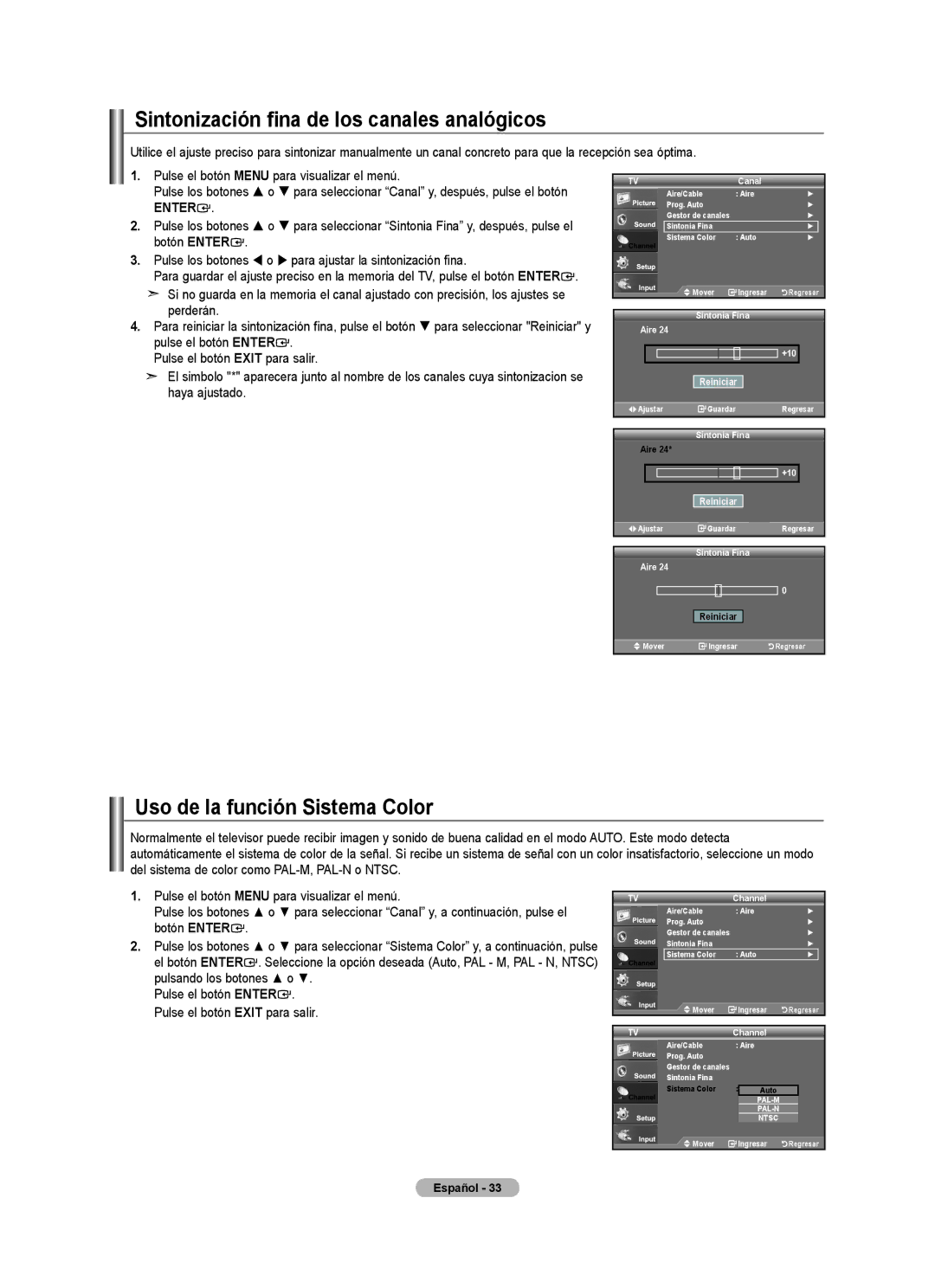 Samsung 610 user manual Sintonización fina de los canales analógicos, Uso de la función Sistema Color 