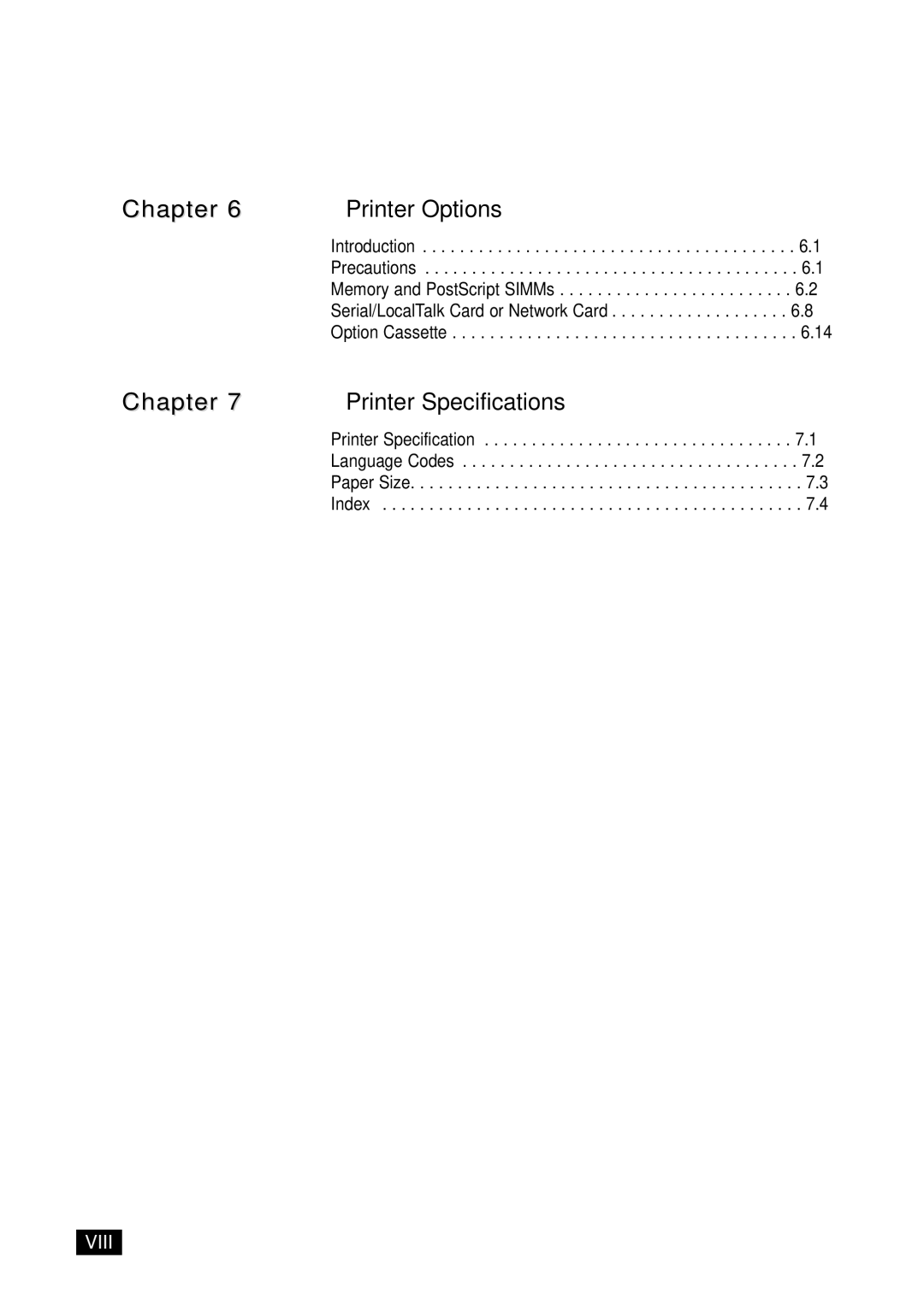 Samsung 6100N manual Chapter Printer Options, Printer Specification Language Codes Paper Size Index 