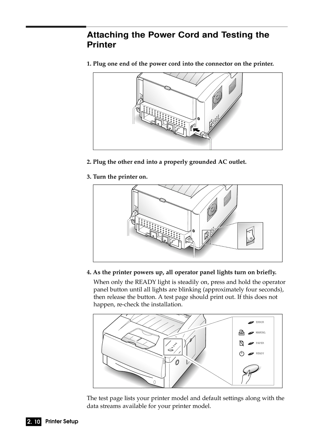 Samsung 6100N manual Attaching the Power Cord and Testing the Printer 