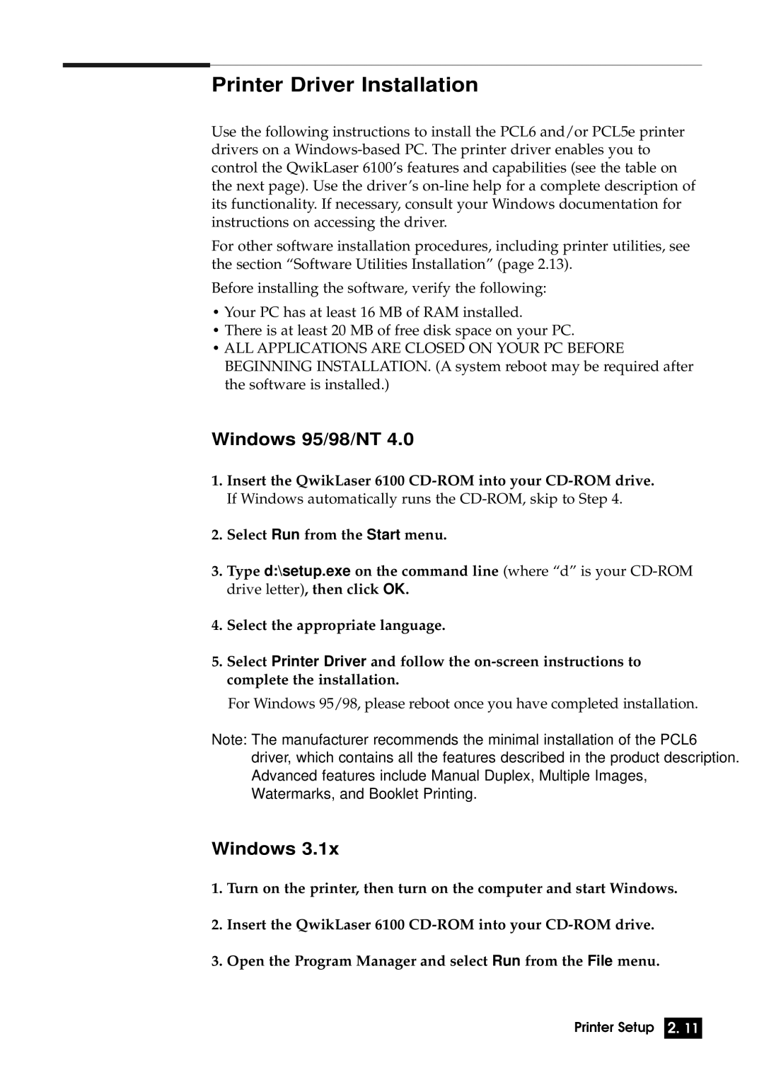 Samsung 6100N manual Printer Driver Installation, Windows 95/98/NT 