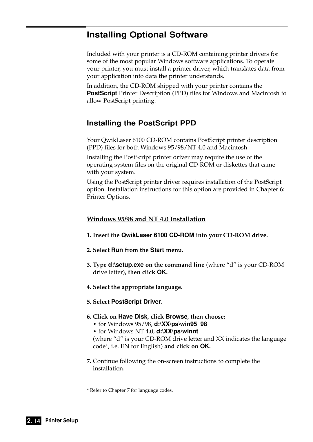 Samsung 6100N manual Installing Optional Software, Installing the PostScript PPD, Windows 95/98 and NT 4.0 Installation 