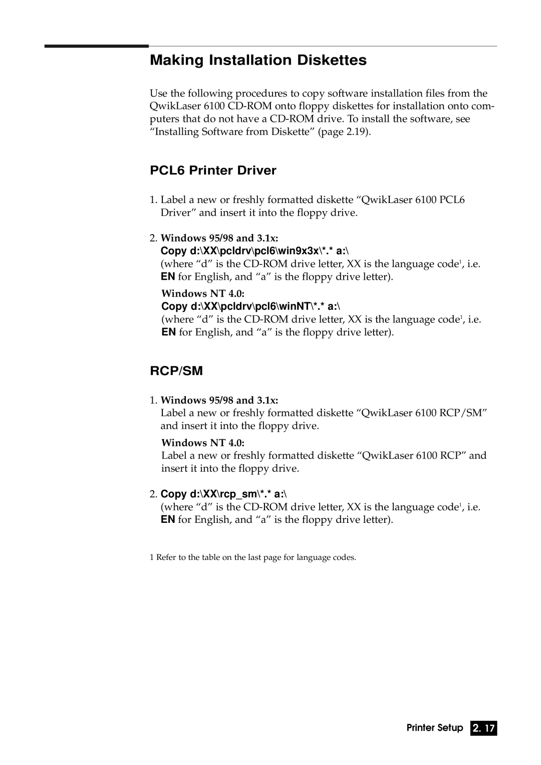 Samsung 6100N manual Making Installation Diskettes, PCL6 Printer Driver, Copy d\XX\pcldrv\pcl6\win9x3x\*.* a 