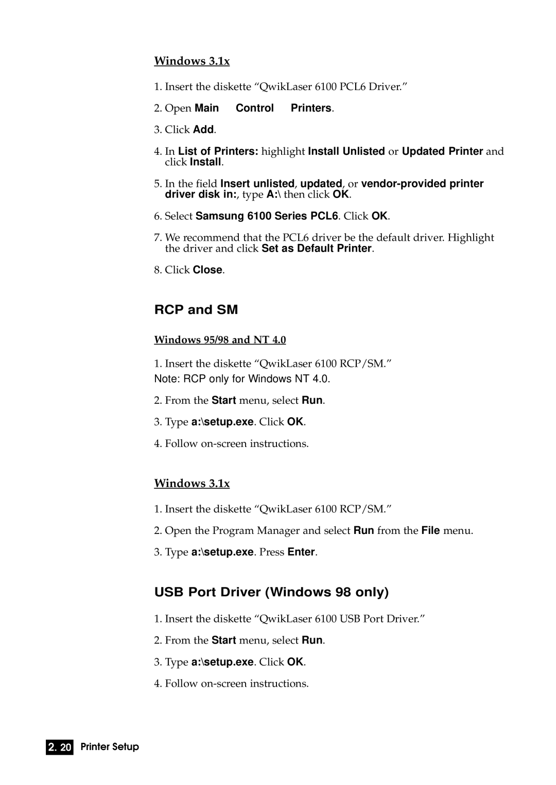 Samsung 6100N manual RCP and SM, Windows, Open Main Control Printers, Type a\setup.exe. Press Enter 