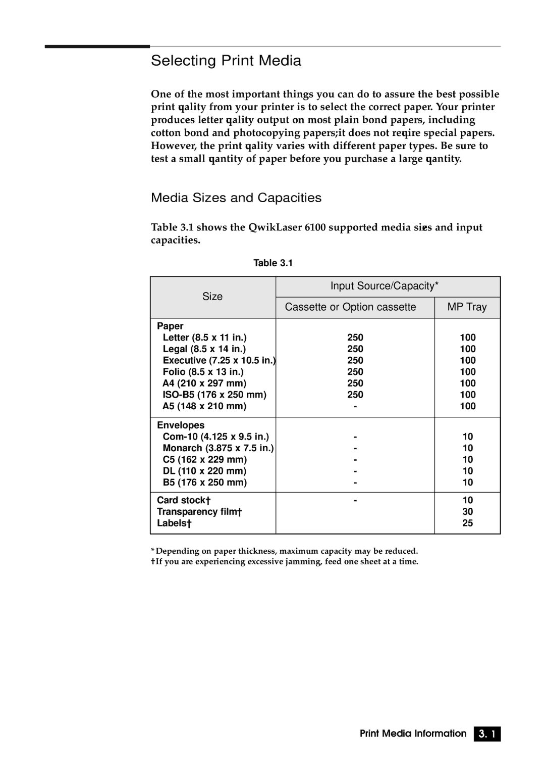 Samsung 6100N manual Selecting Print Media, Media Sizes and Capacities 