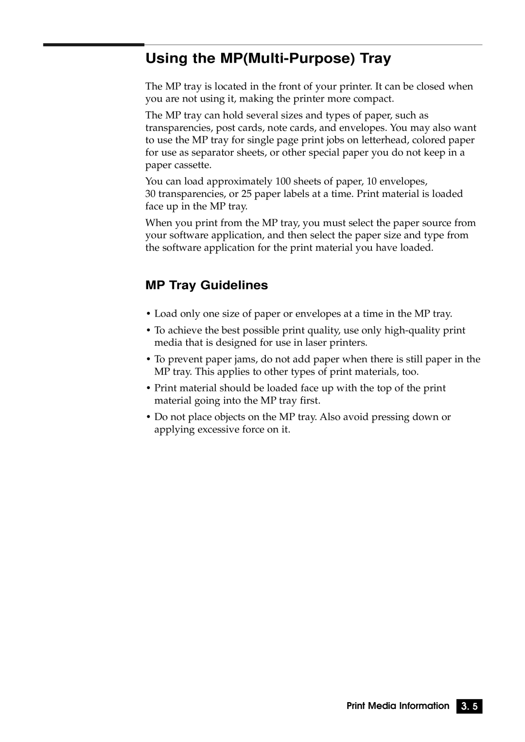 Samsung 6100N manual Using the MPMulti-Purpose Tray, MP Tray Guidelines 