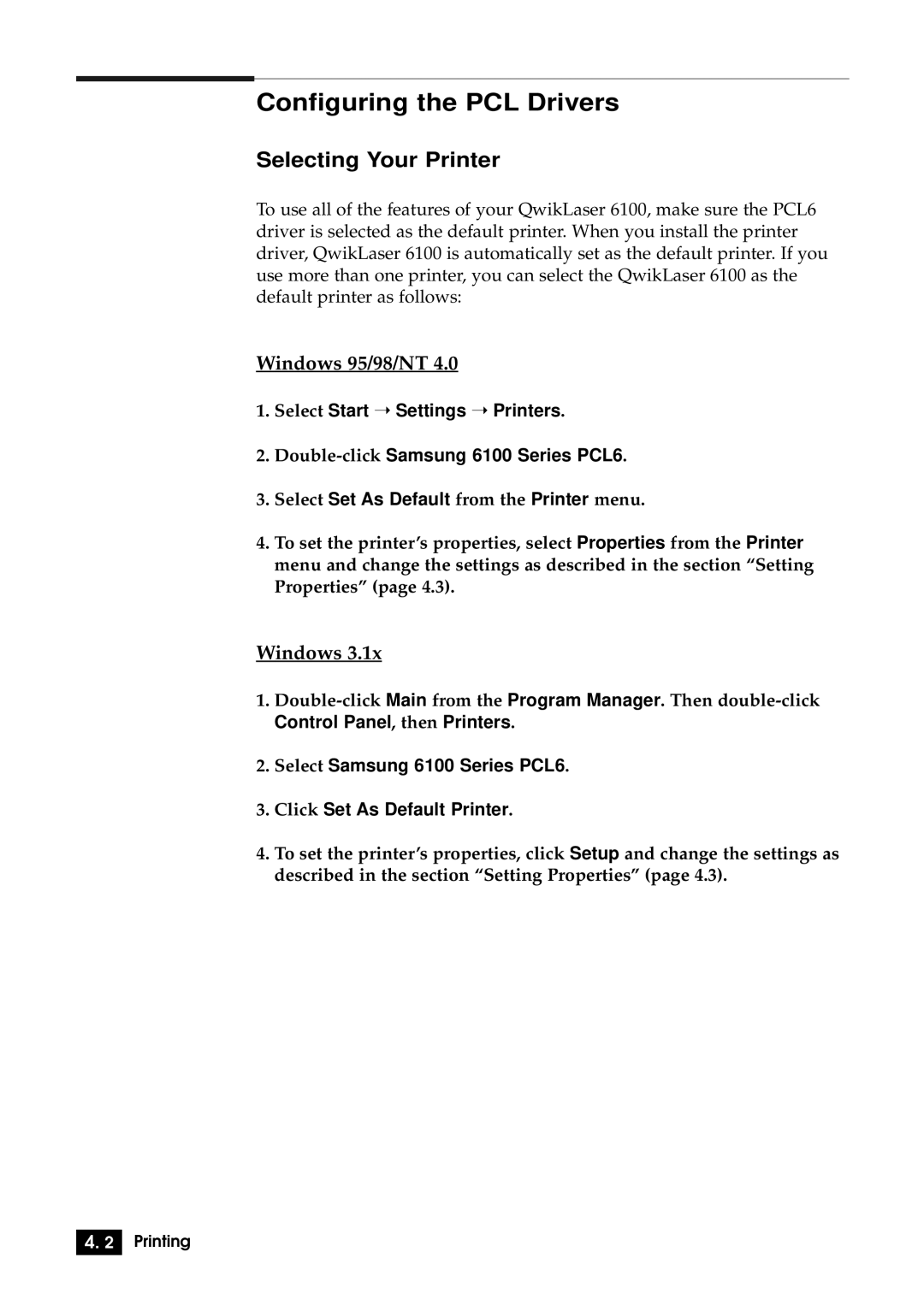 Samsung 6100N manual Configuring the PCL Drivers, Selecting Your Printer, Windows 95/98/NT 