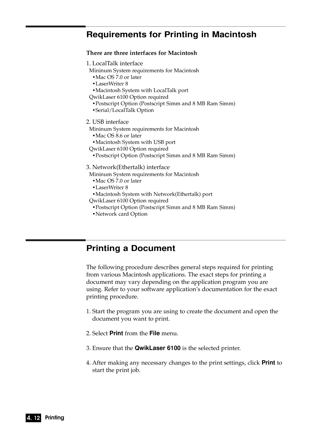 Samsung 6100N manual Requirements for Printing in Macintosh, Printing a Document 