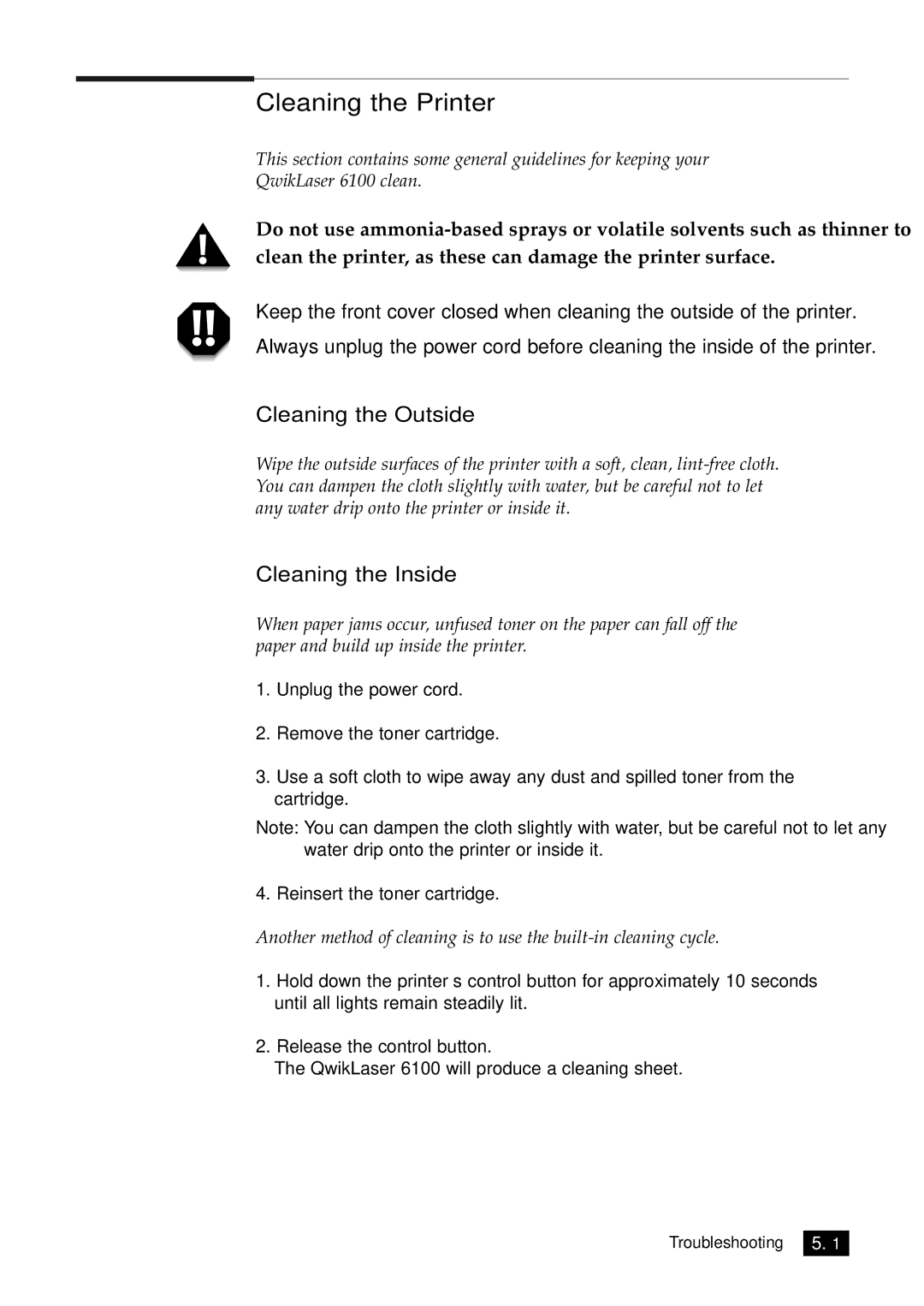 Samsung 6100N manual Cleaning the Printer, Cleaning the Outside, Cleaning the Inside 