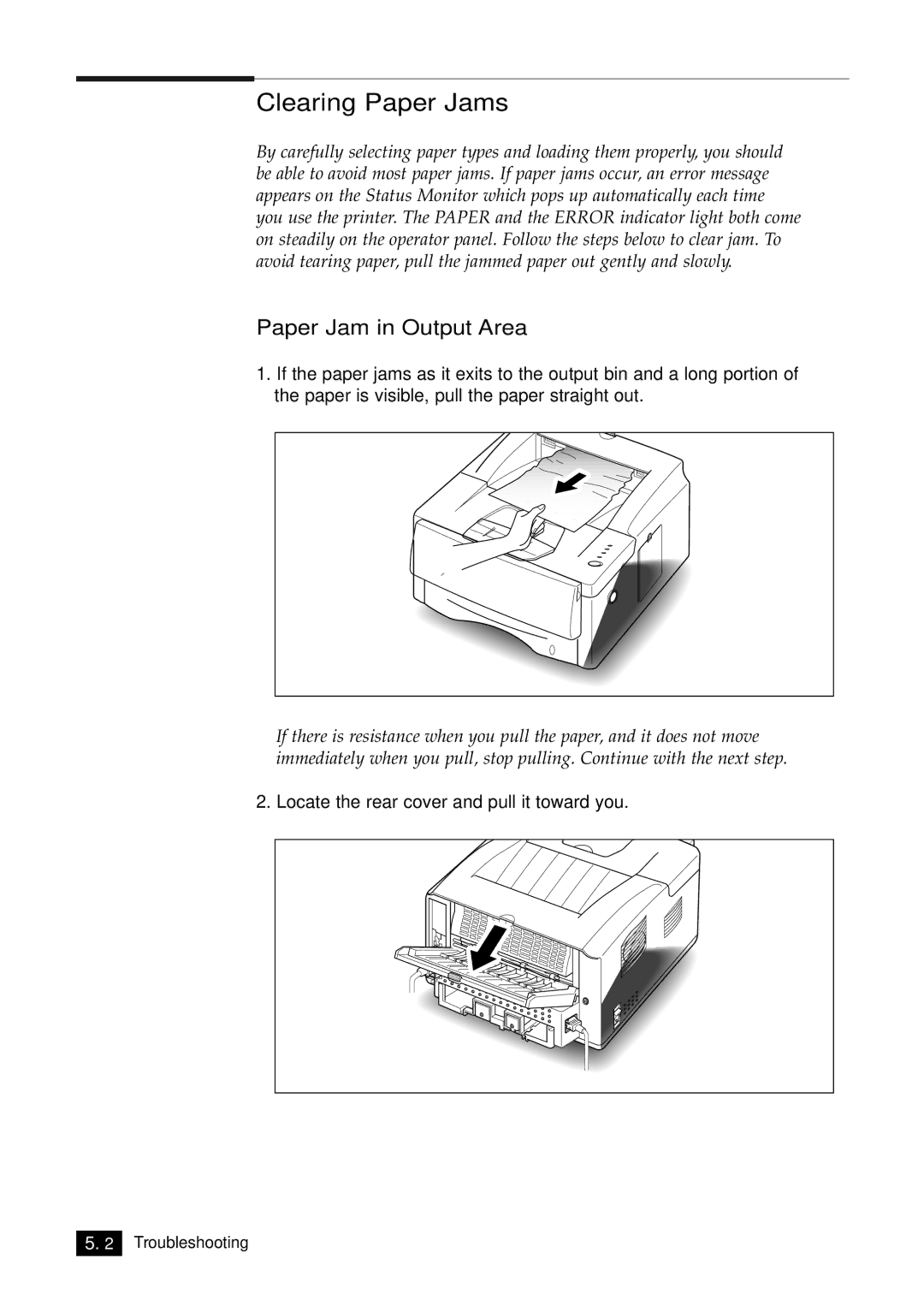 Samsung 6100N manual Clearing Paper Jams, Paper Jam in Output Area 