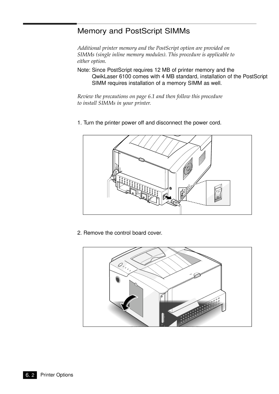 Samsung 6100N manual Memory and PostScript SIMMs 