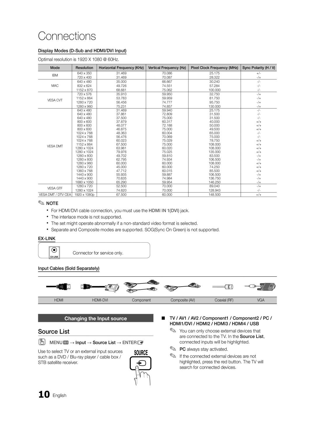 Samsung LN40D630 Source List, Changing the Input source, Ex-Link, Connector for service only Input Cables Sold Separately 