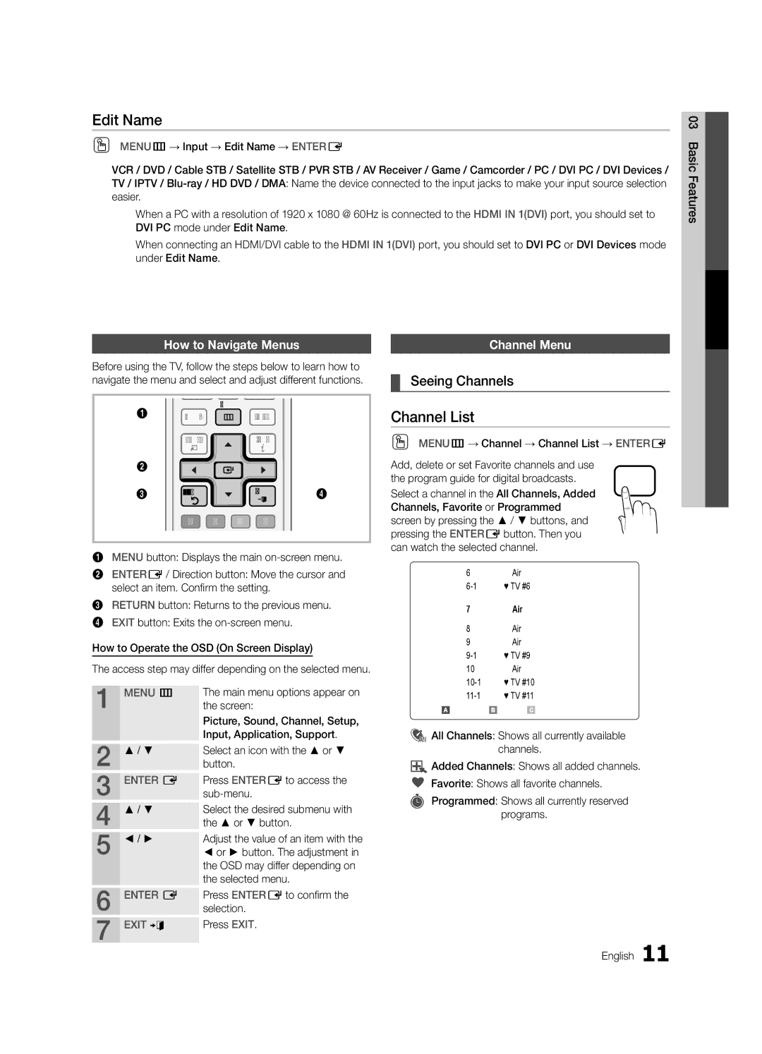 Samsung LN46D630, LN40D630 user manual Edit Name, Channel List, Seeing Channels, How to Navigate Menus, Channel Menu 