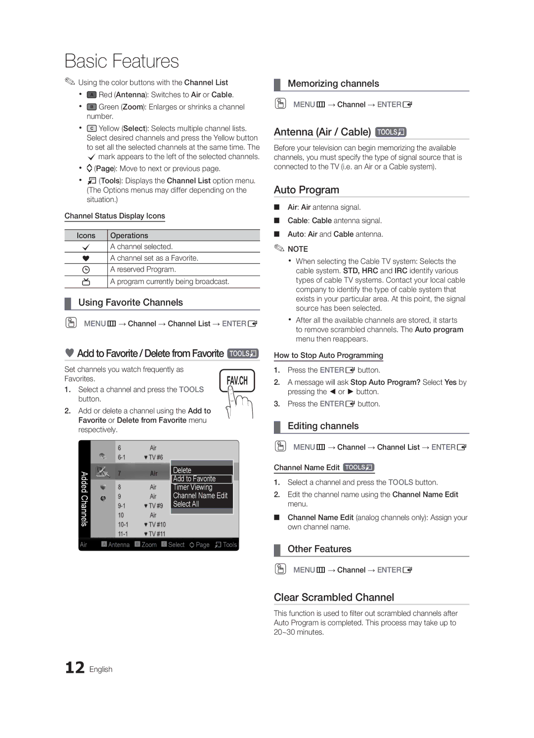 Samsung 630 Add to Favorite / Delete from Favorite t, Antenna Air / Cable t, Auto Program, Clear Scrambled Channel 