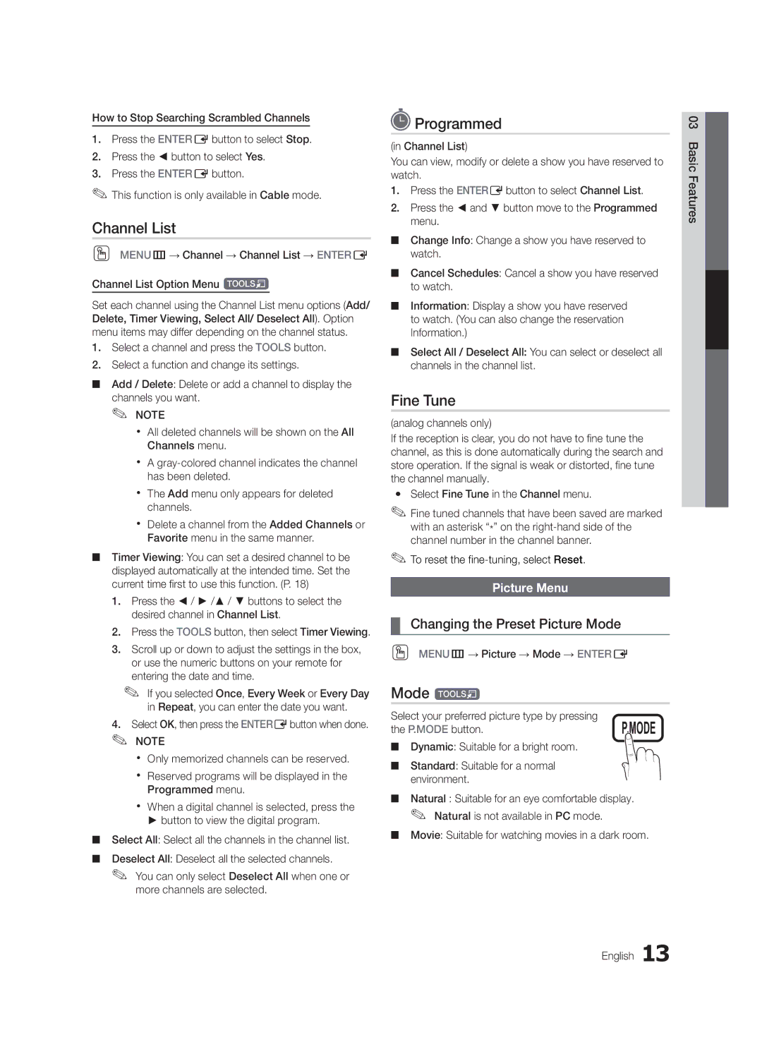 Samsung LN40D630, LN46D630 user manual Programmed, Fine Tune, Mode t, Changing the Preset Picture Mode, Picture Menu 