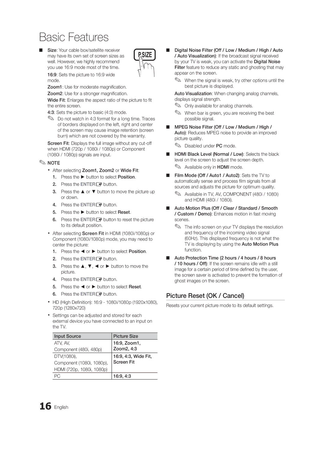 Samsung LN40D630, LN46D630 user manual Picture Reset OK / Cancel, Atv, Av 