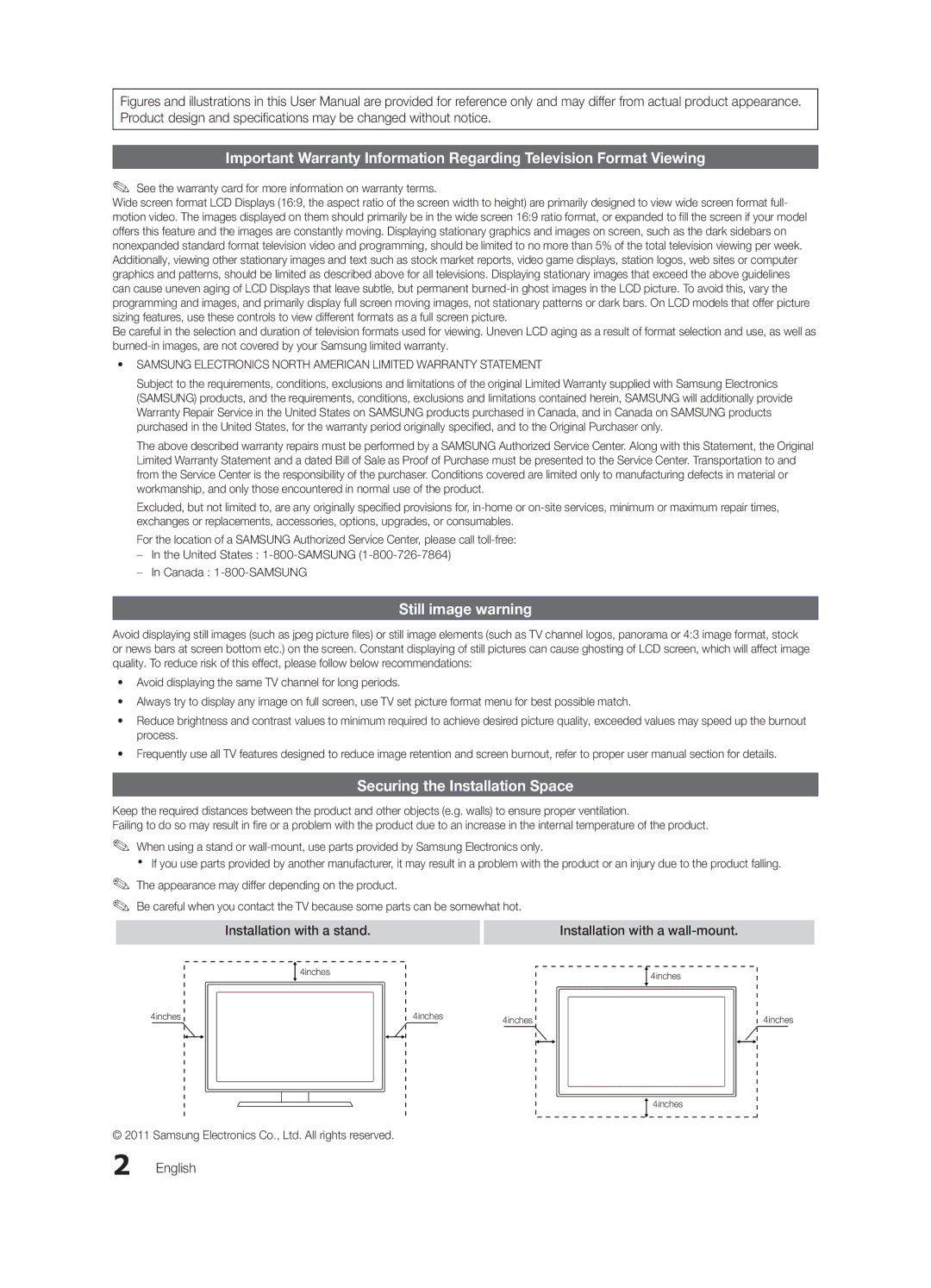 Samsung LN46D630, LN40D630 Still image warning, Securing the Installation Space, Installation with a stand, English 