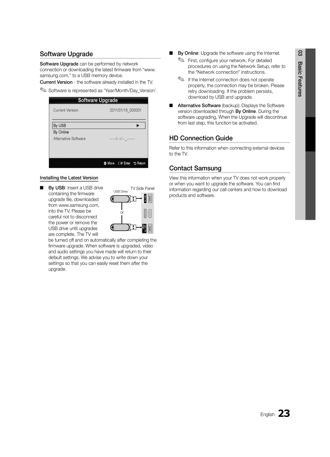 Samsung LN46D630, LN40D630 user manual Software Upgrade, HD Connection Guide, Contact Samsung, By USB By Online 