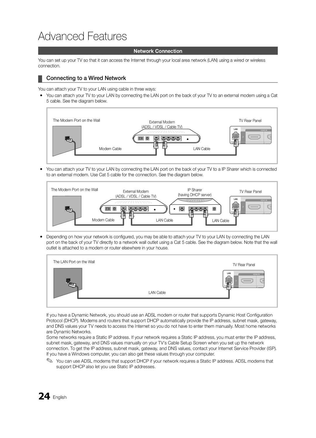 Samsung LN40D630 Connecting to a Wired Network, Network Connection, Modem Port on the Wall, Modem Cable LAN Cable 