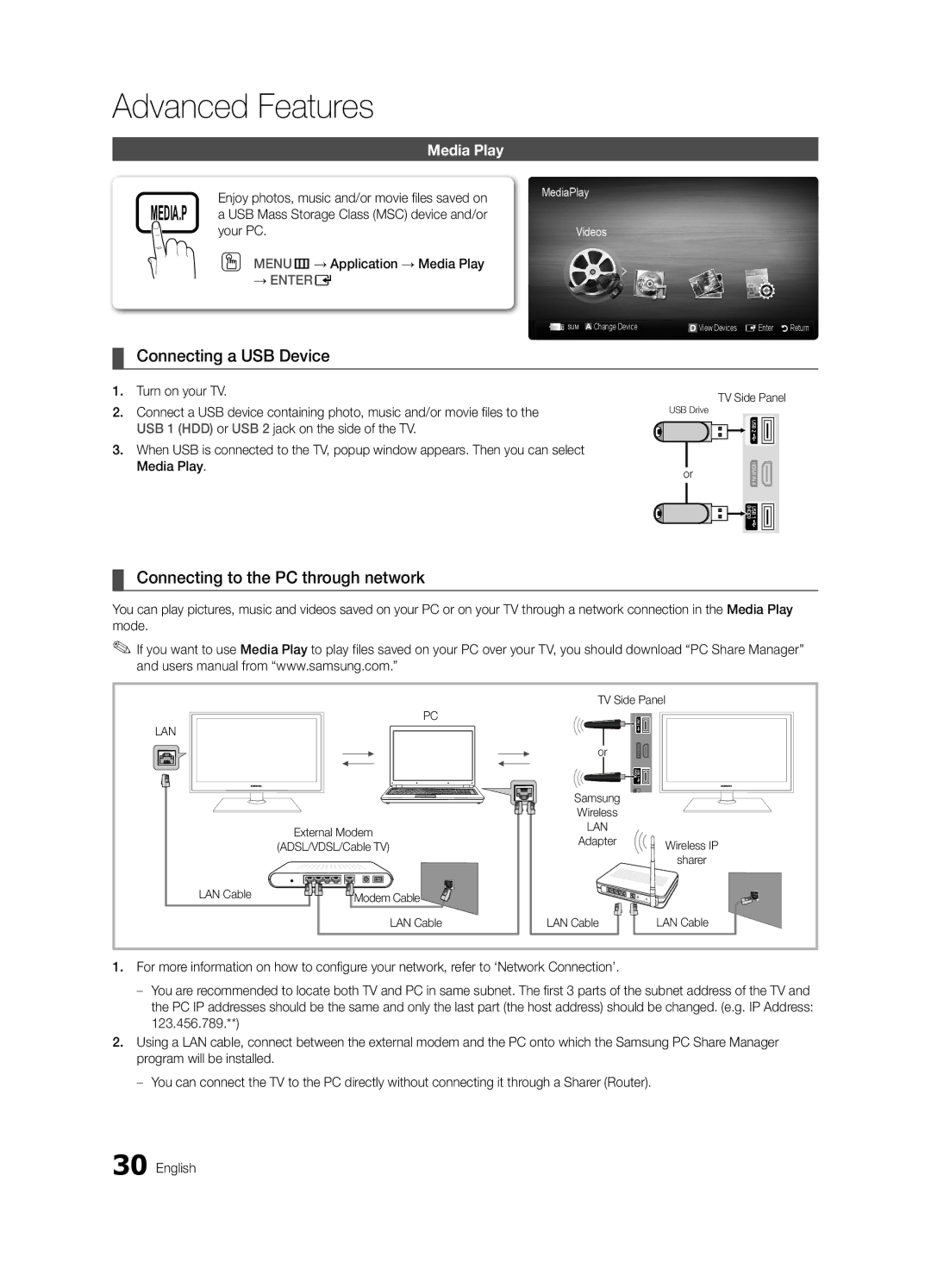 Samsung LN40D630, LN46D630 user manual Connecting a USB Device, Connecting to the PC through network, Media Play 