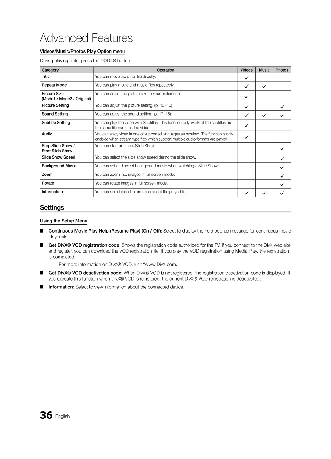 Samsung LN40D630, LN46D630 user manual Settings, Same file name as the video Audio 